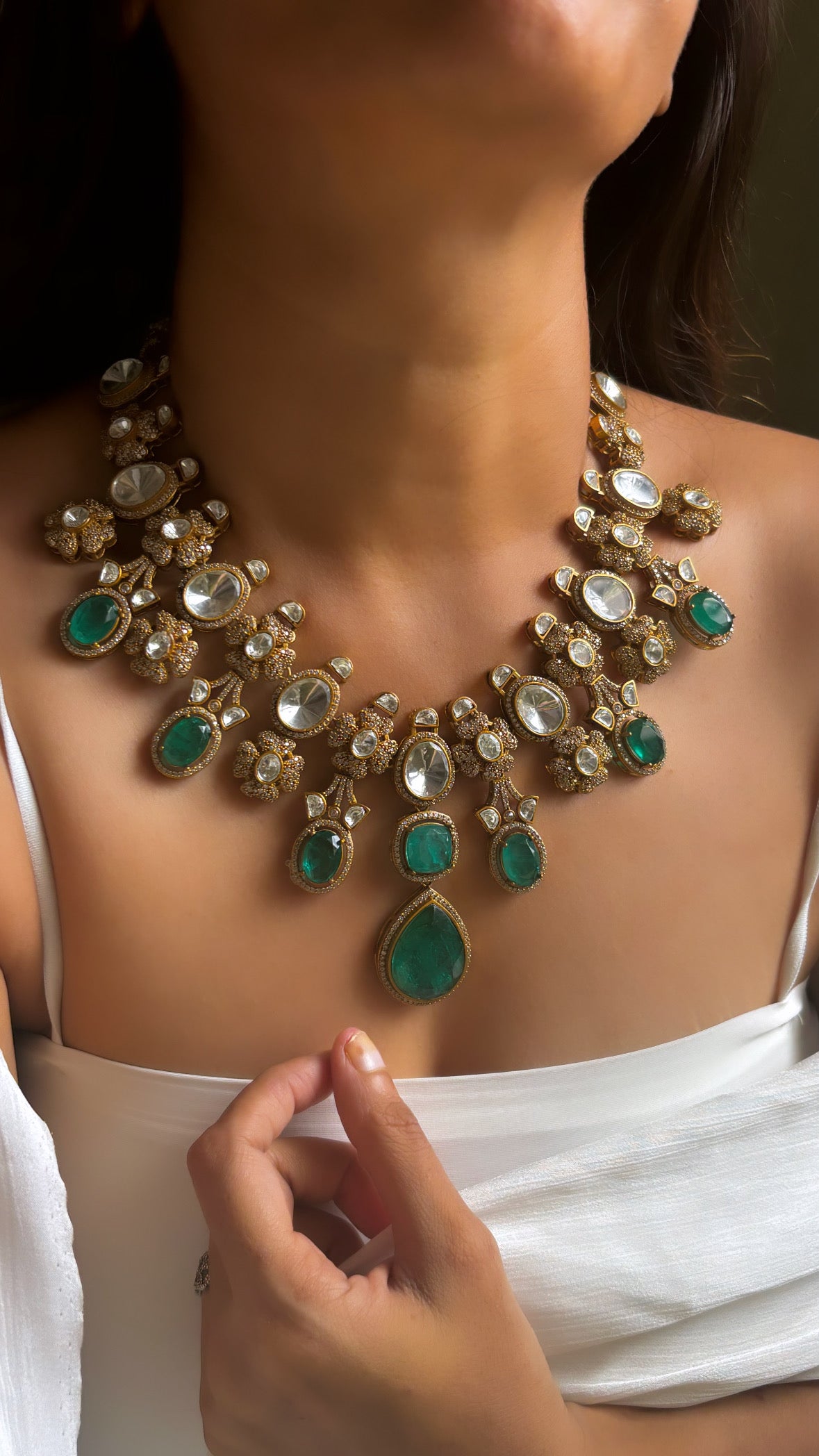 Emerald Moissanite & Uncut polki necklace