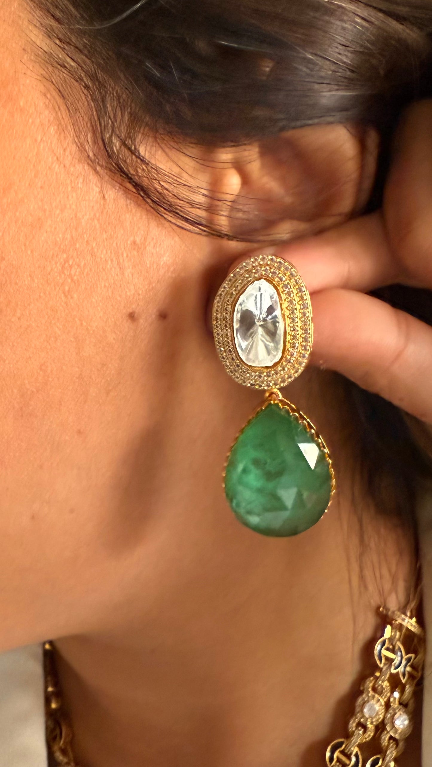 Rima Emerald drop moissanite polki collar necklace