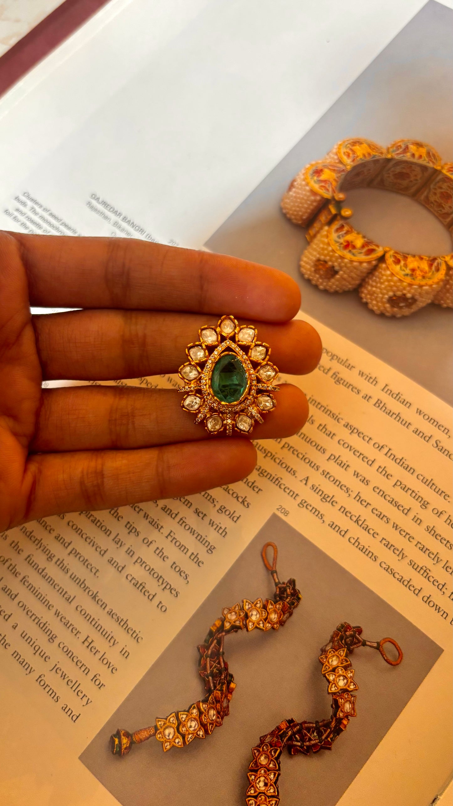 Emerald drop shape polki adjustable ring (lv)