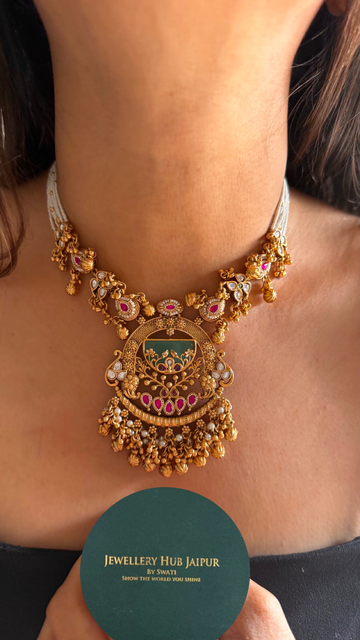 Mint inlay floral heritage rajwada necklace