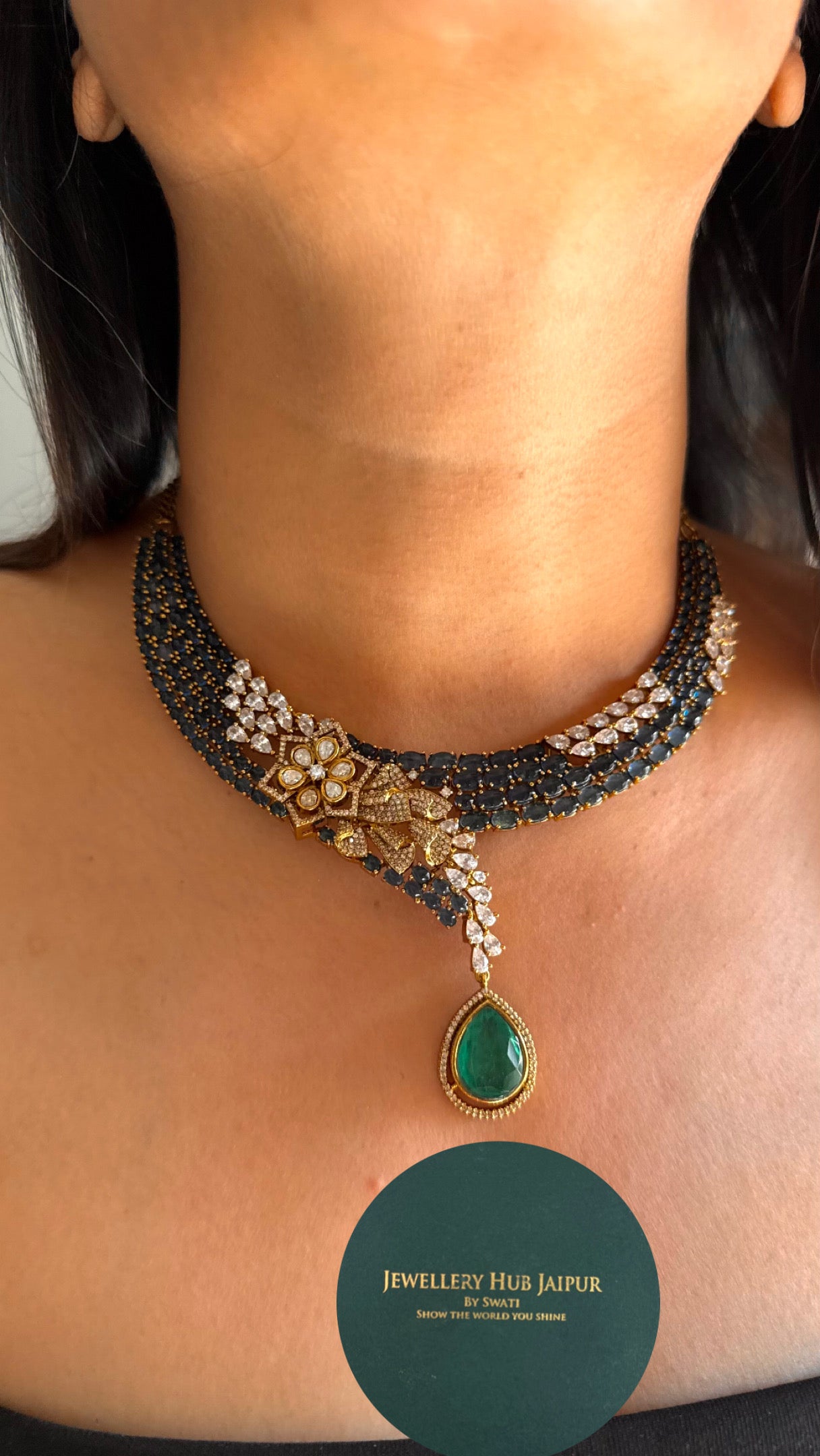 Sapphire floral emerald tear drop necklace