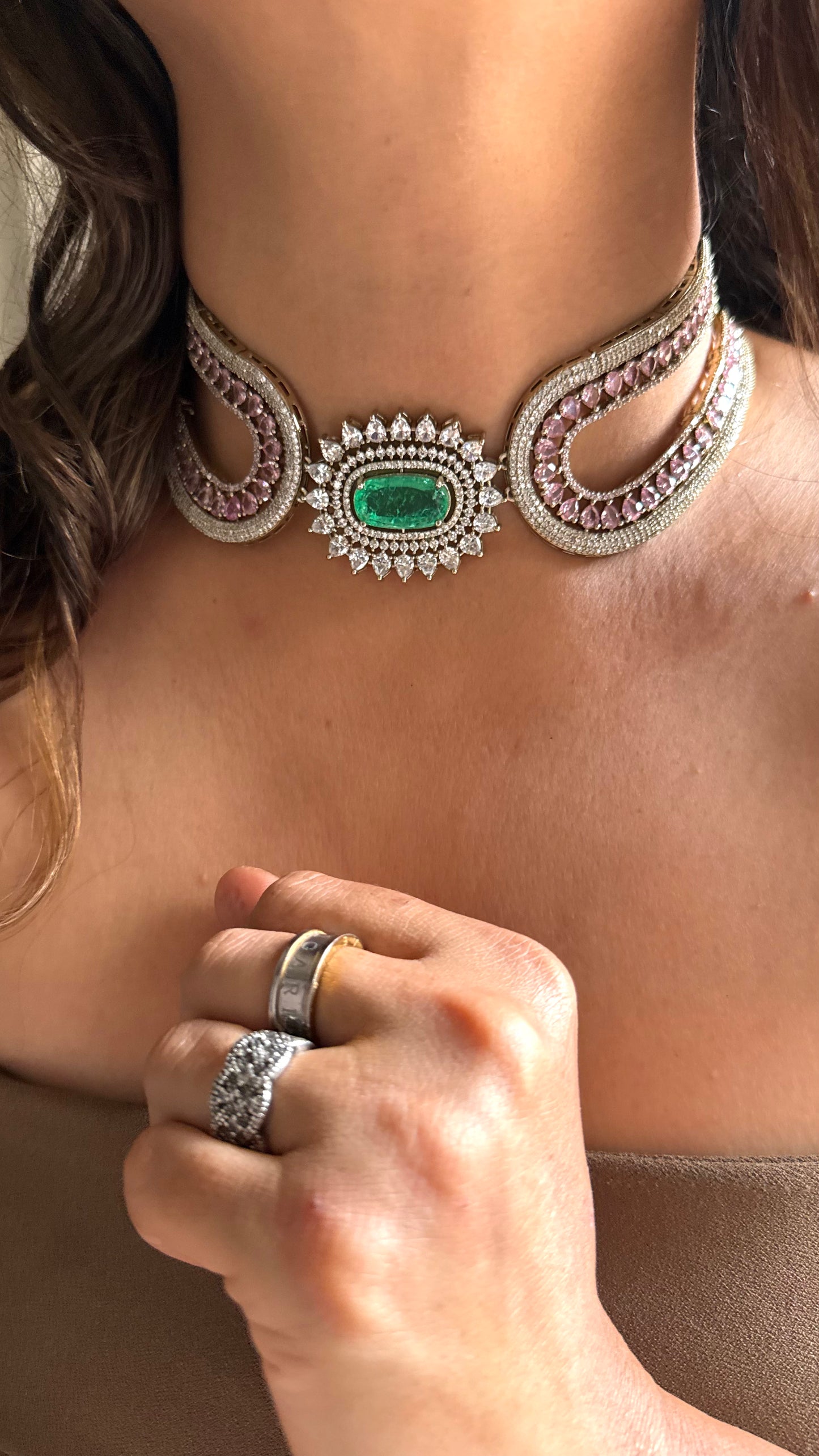 Mint & rose quartz contemporary choker necklace set