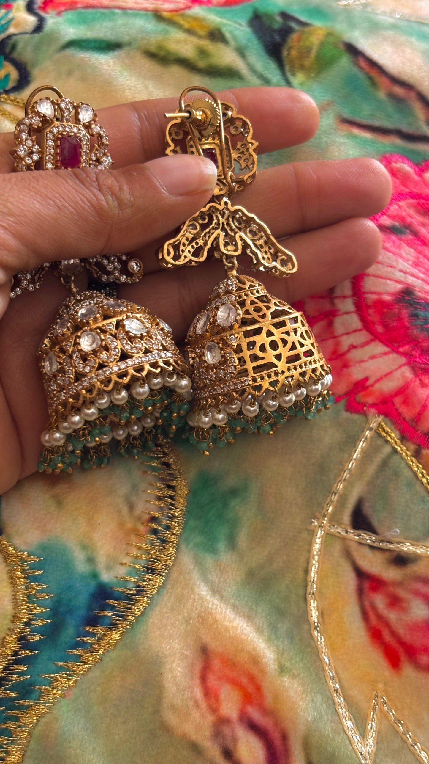 Ruby heritage polki Jhumri with mint drops