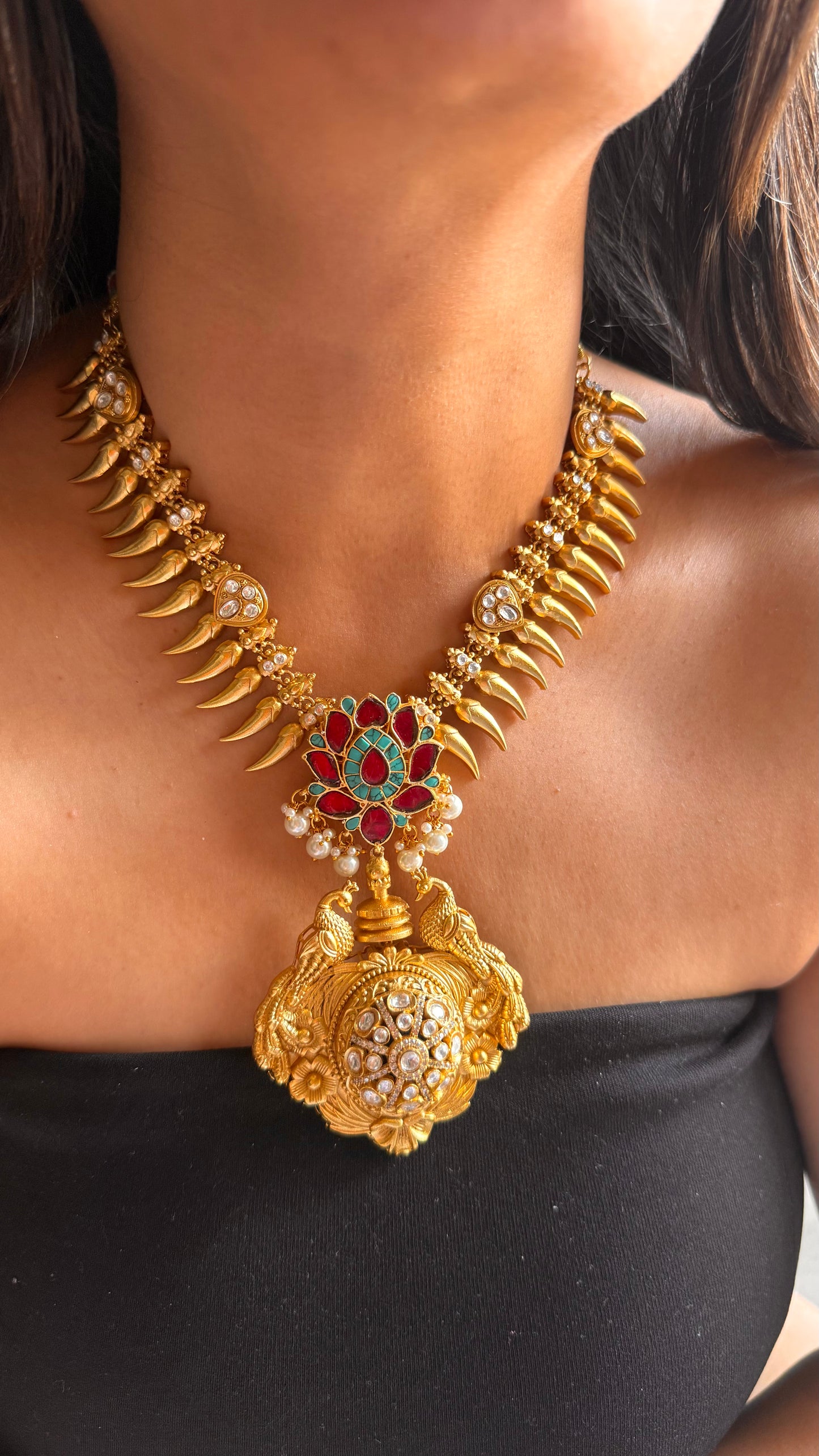 Amrapali inspired Peacock & lotus designer gold polish necklace