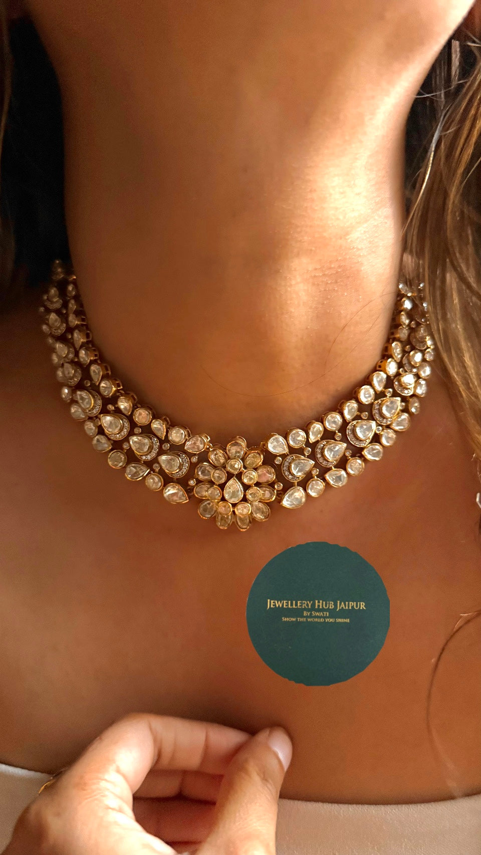 Floral real moissanite peeli polki Necklace