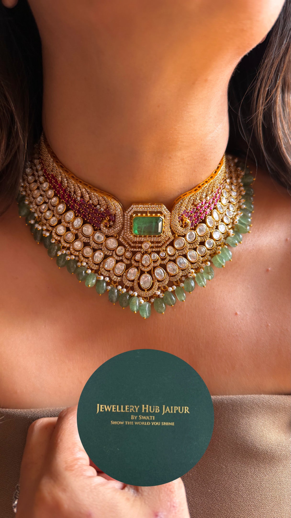 Rani pink ruby moisaanite with mint drops choker Necklace
