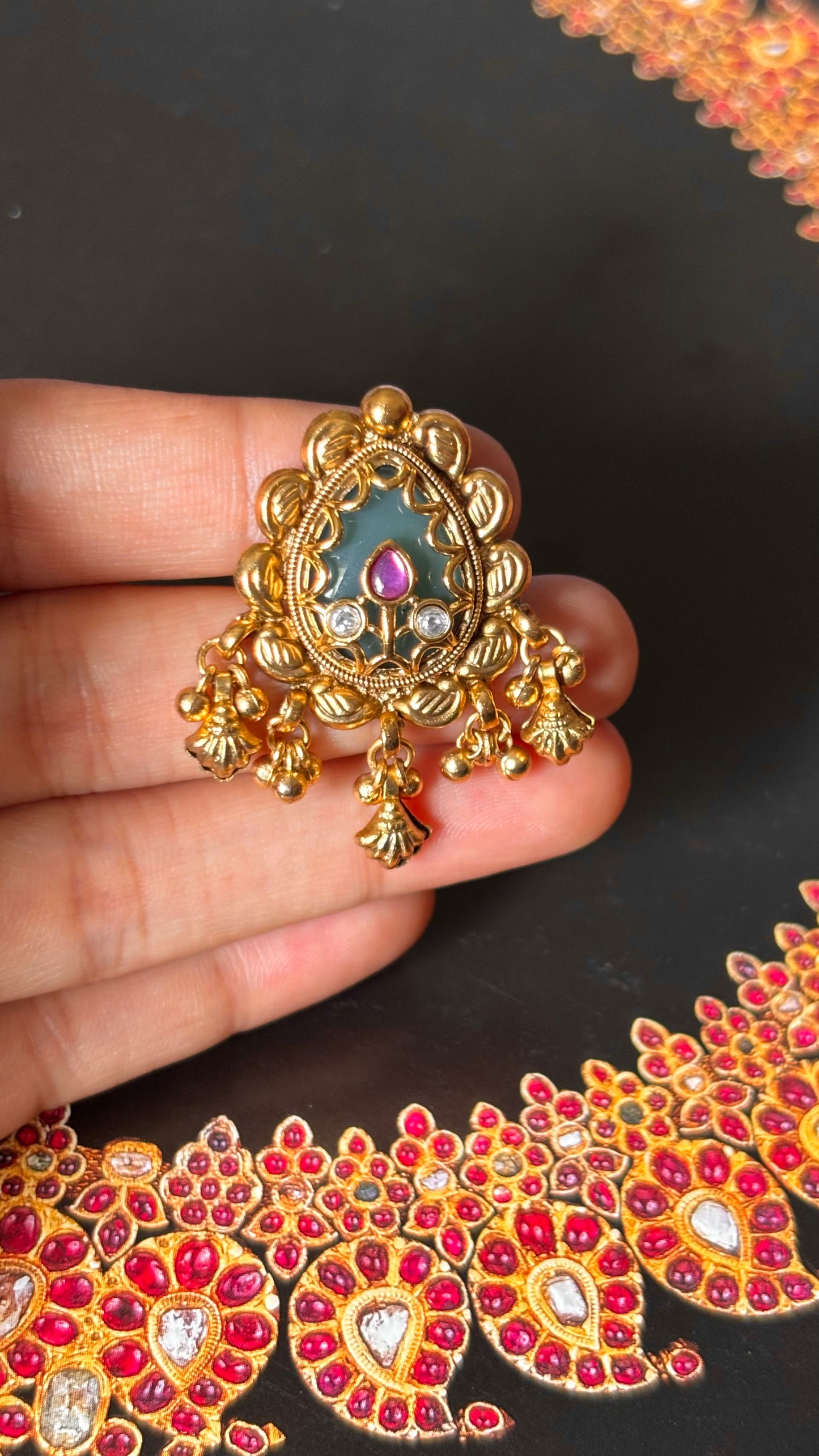 Mint inlay with gungroo drops rajwada adjustable Ring