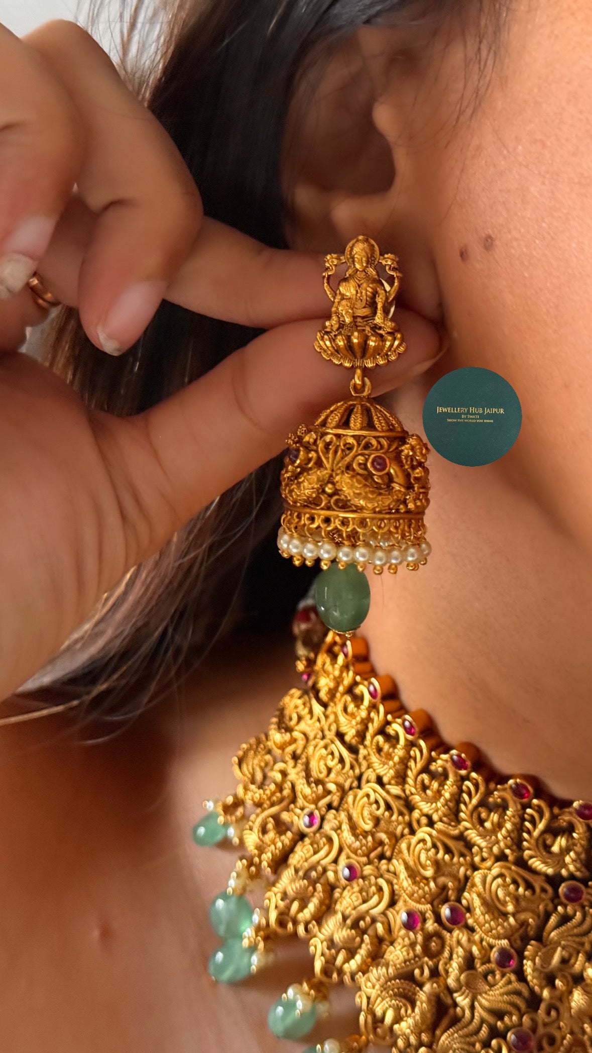 Goddess laxmi with ruby & mint drops choker set