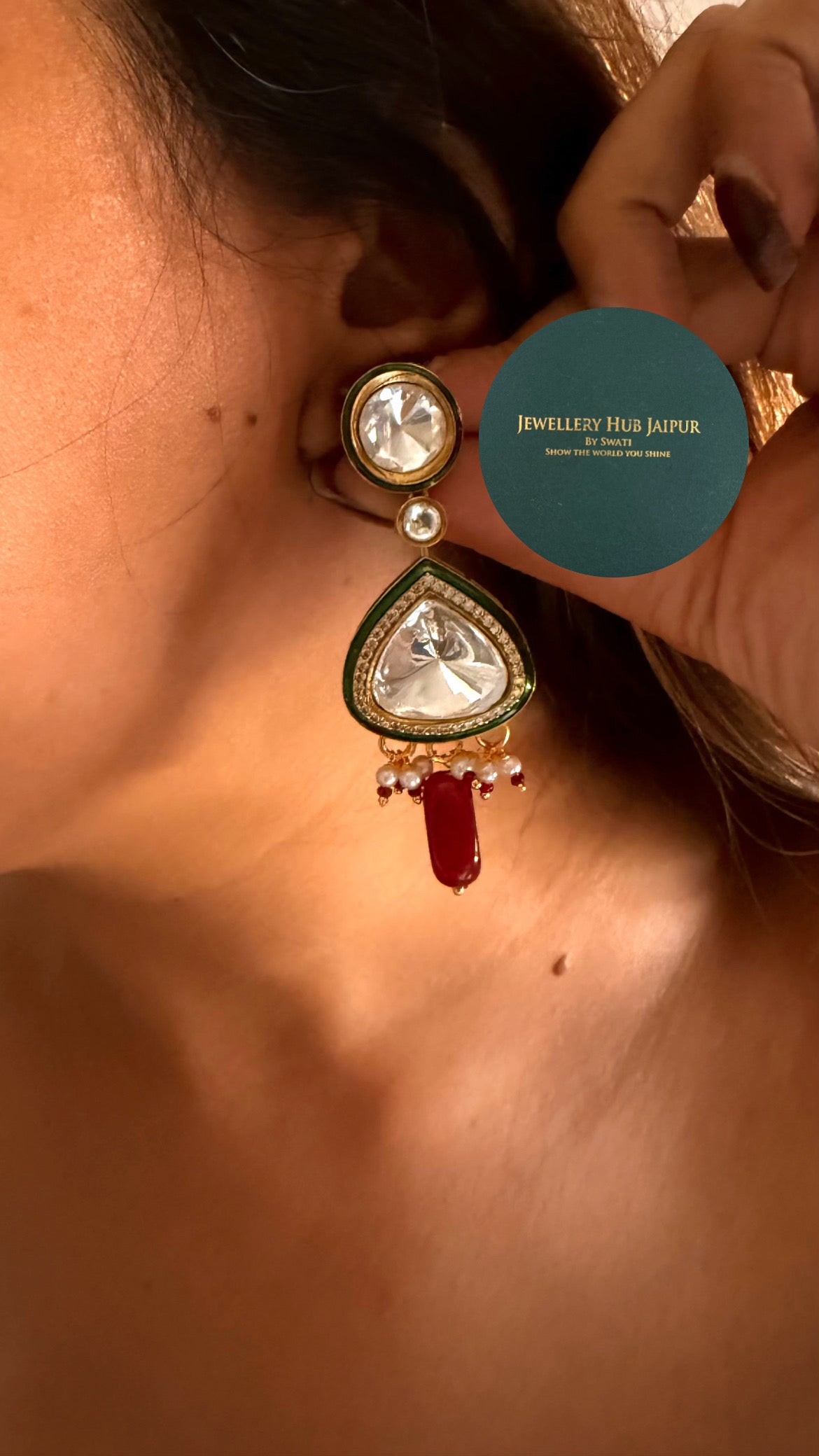 Emerald meenakari polki dual layer with ruby drops set