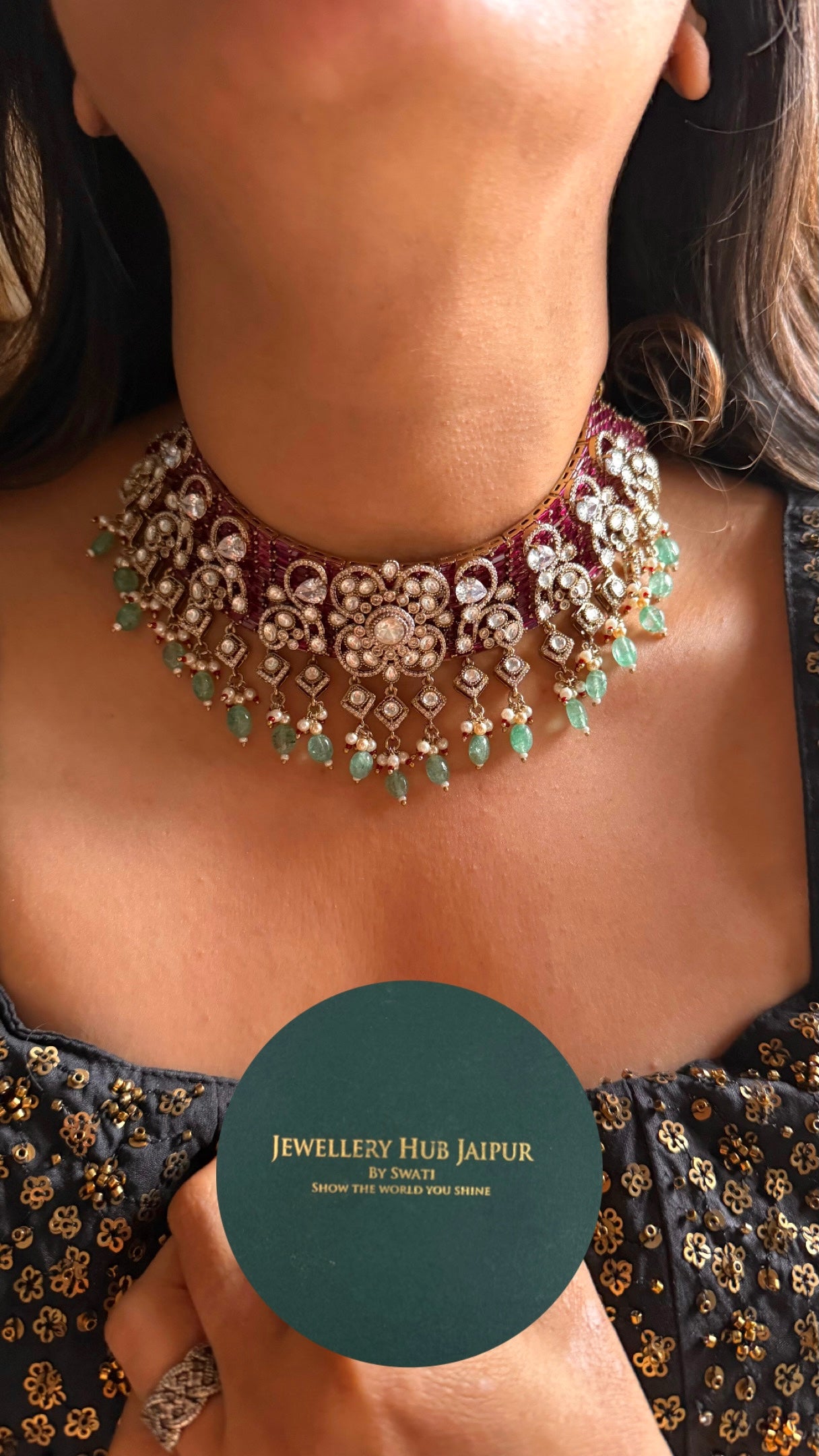 Rani pink ruby with mint drops choker Necklace