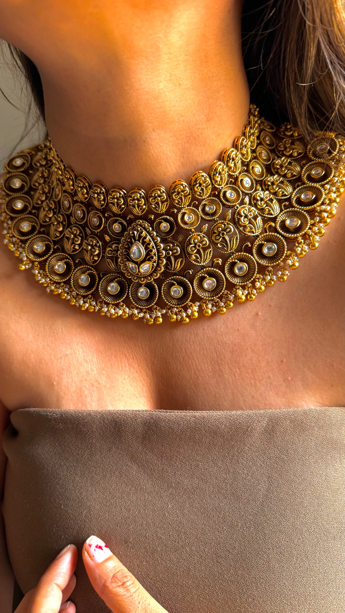Floral Nakshi oxidised gold polki Choker