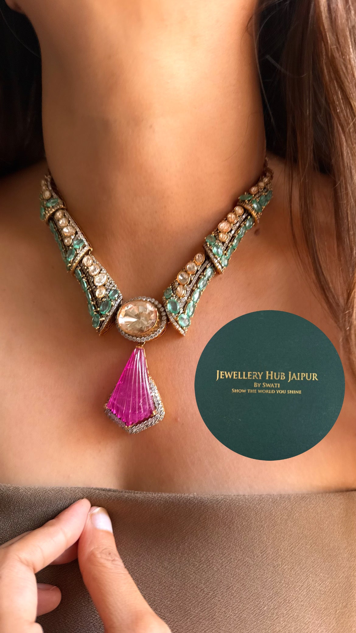 Rani pink doublet & mint moissanite designer cocktail collar set
