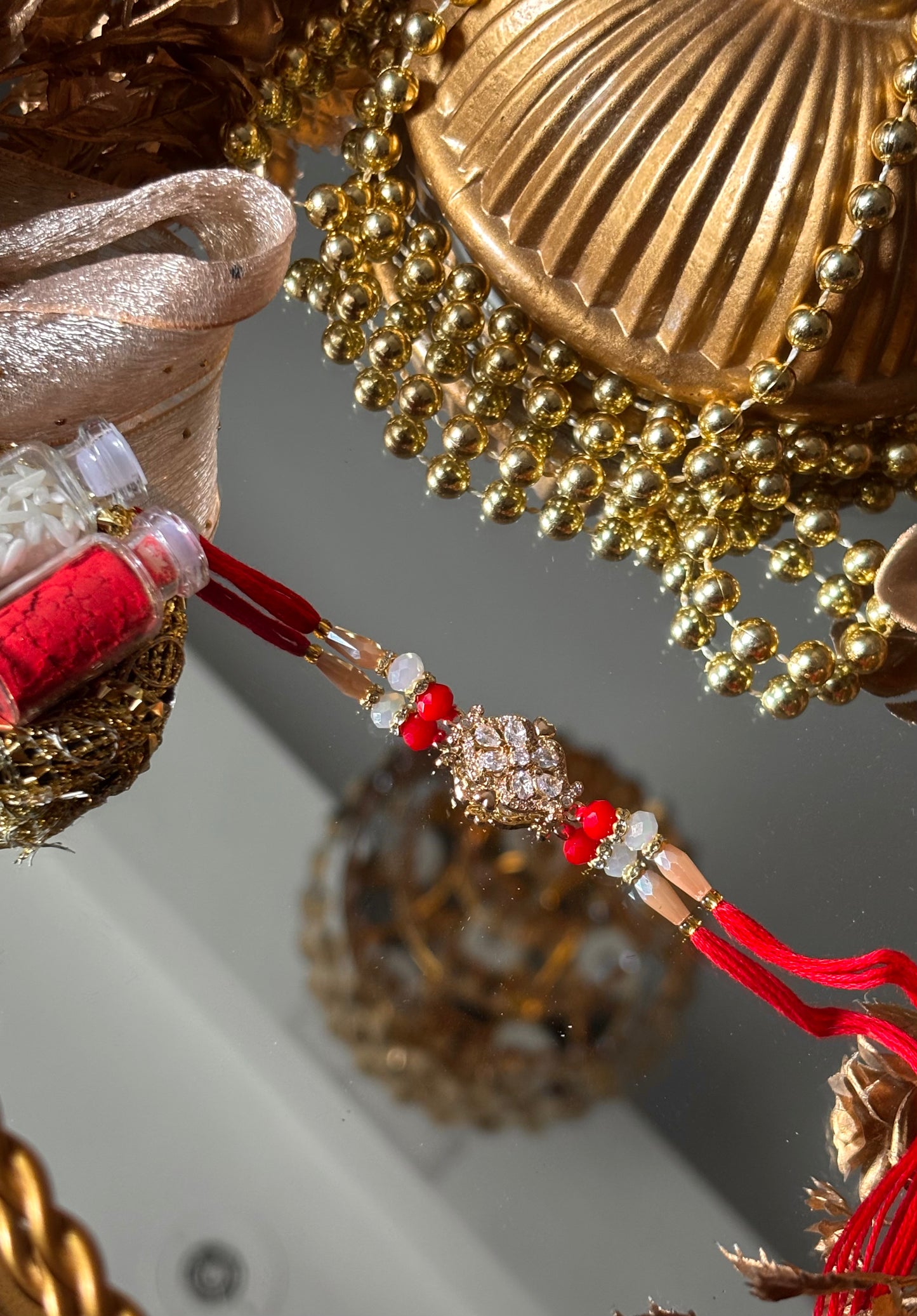 Cz Diamond polki red thread rakhi ( shipping will be extra )