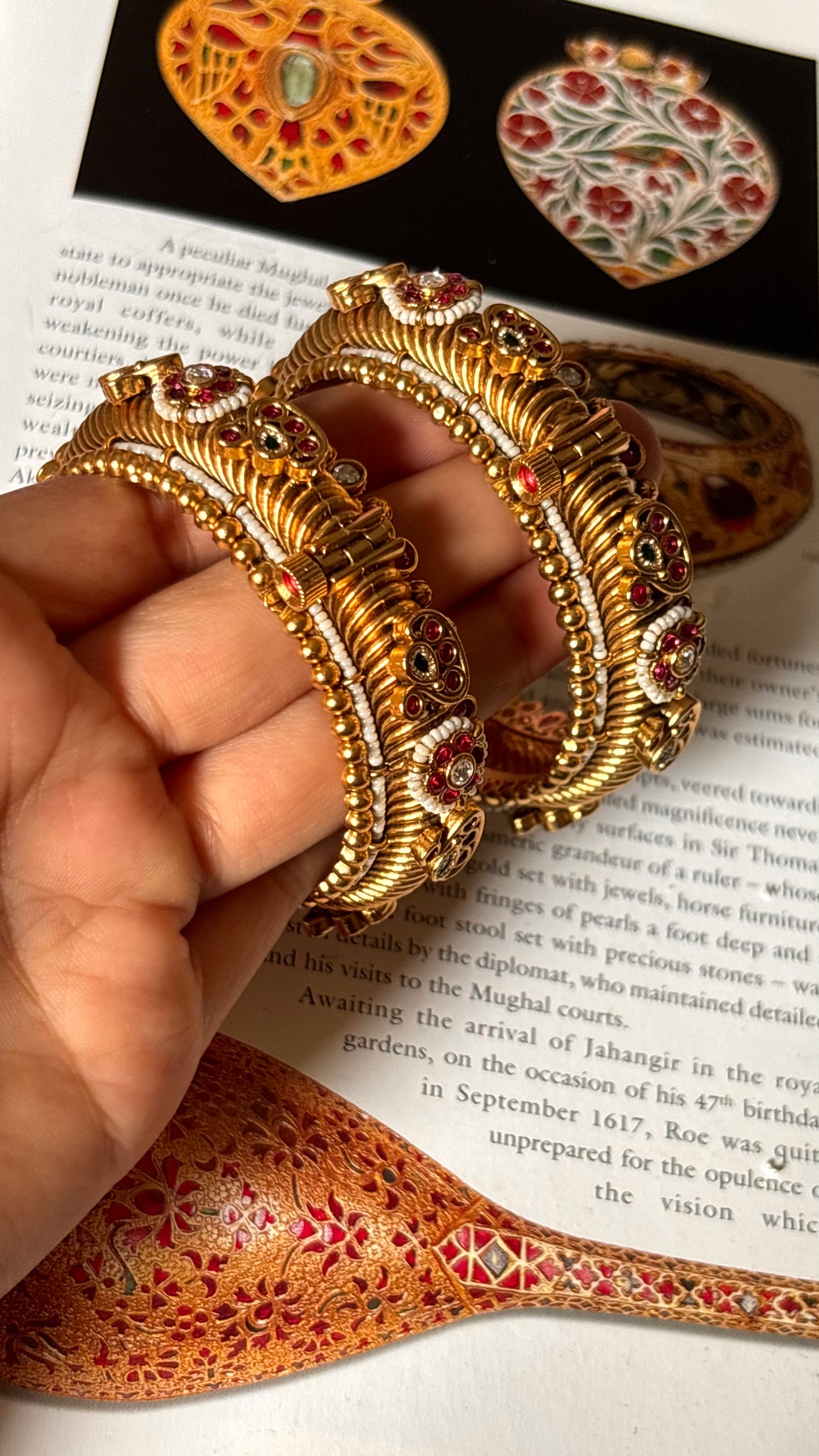 Peacock inspired with floral rani pink ruby & emerald rajwada bangles