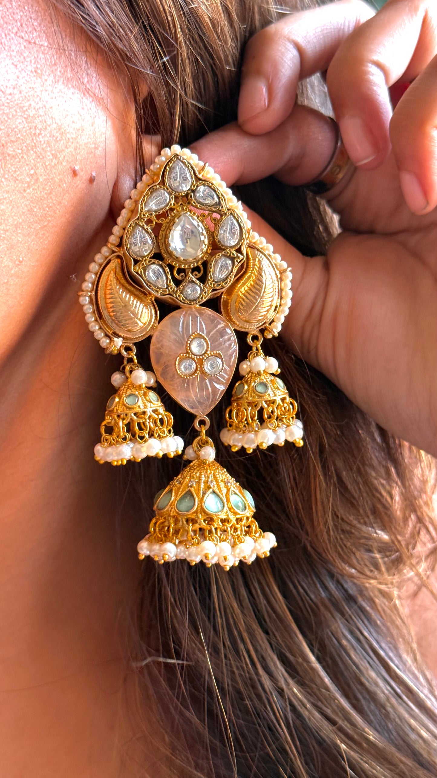 Amrapali inspired carving stone & inlay polki  triple jhumki dangler