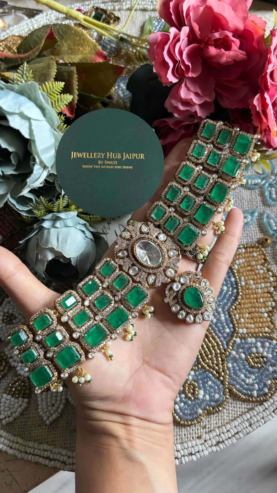 Emerald doublet moissanite  choker set