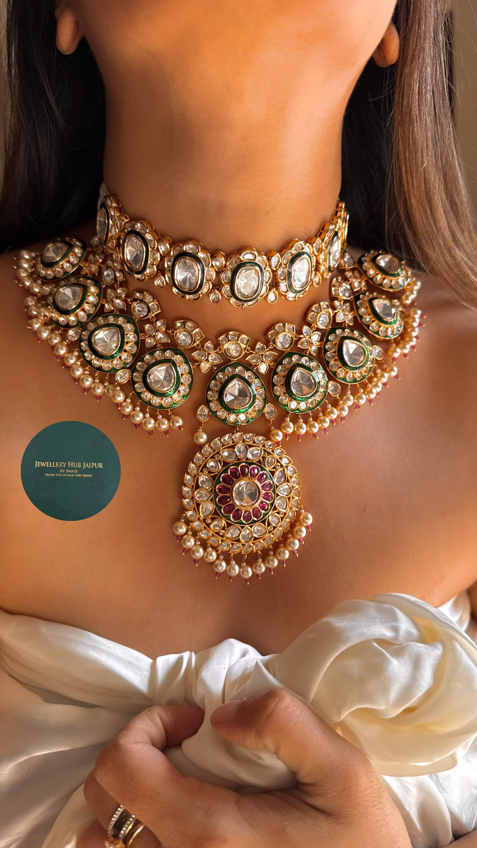 Bridal asia ruby & emerald polki necklace duo