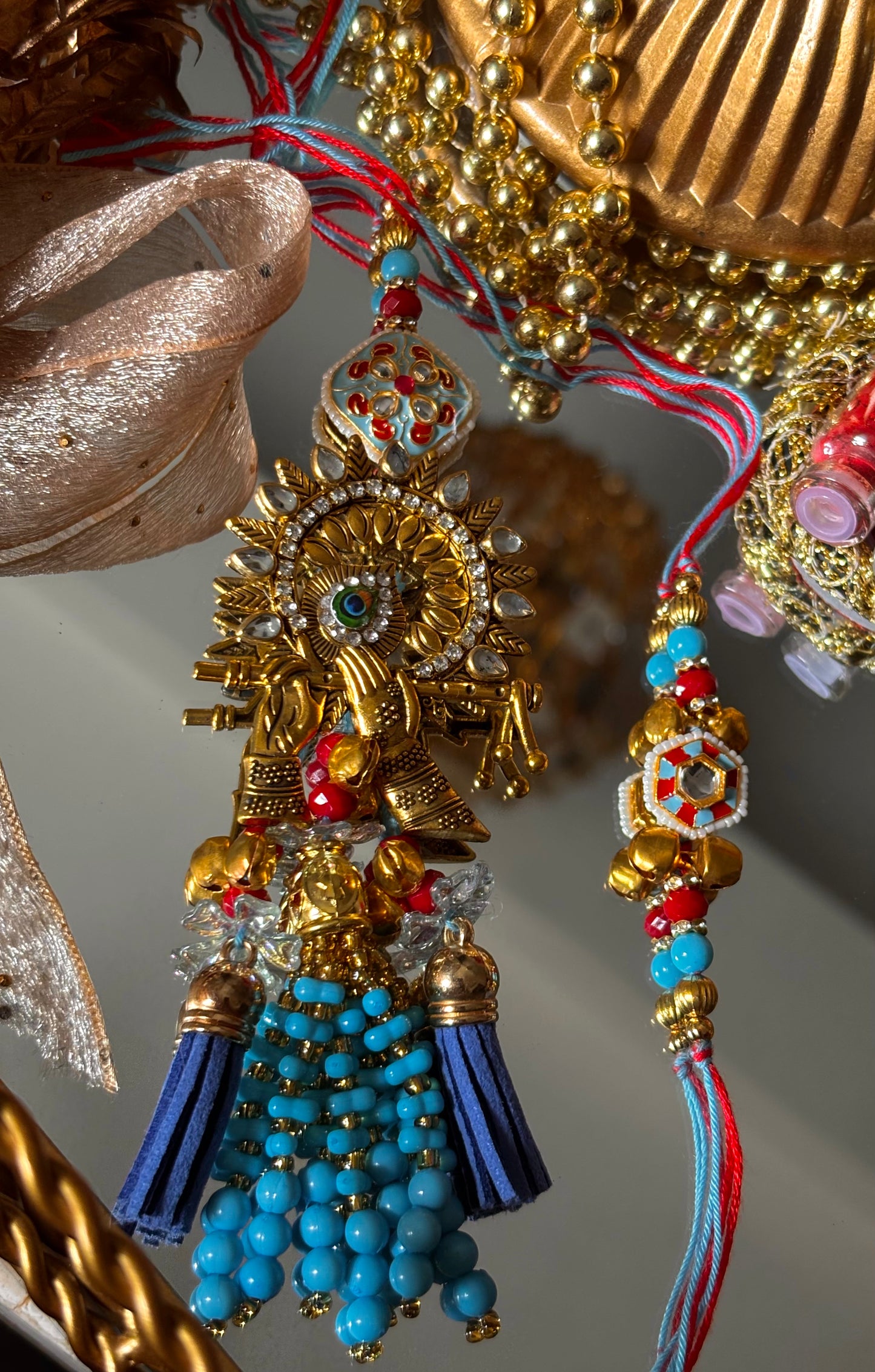 Lord Krishna bansuri meenakari firoza bhaiya bhabi rakhi ( shipping will be extra )