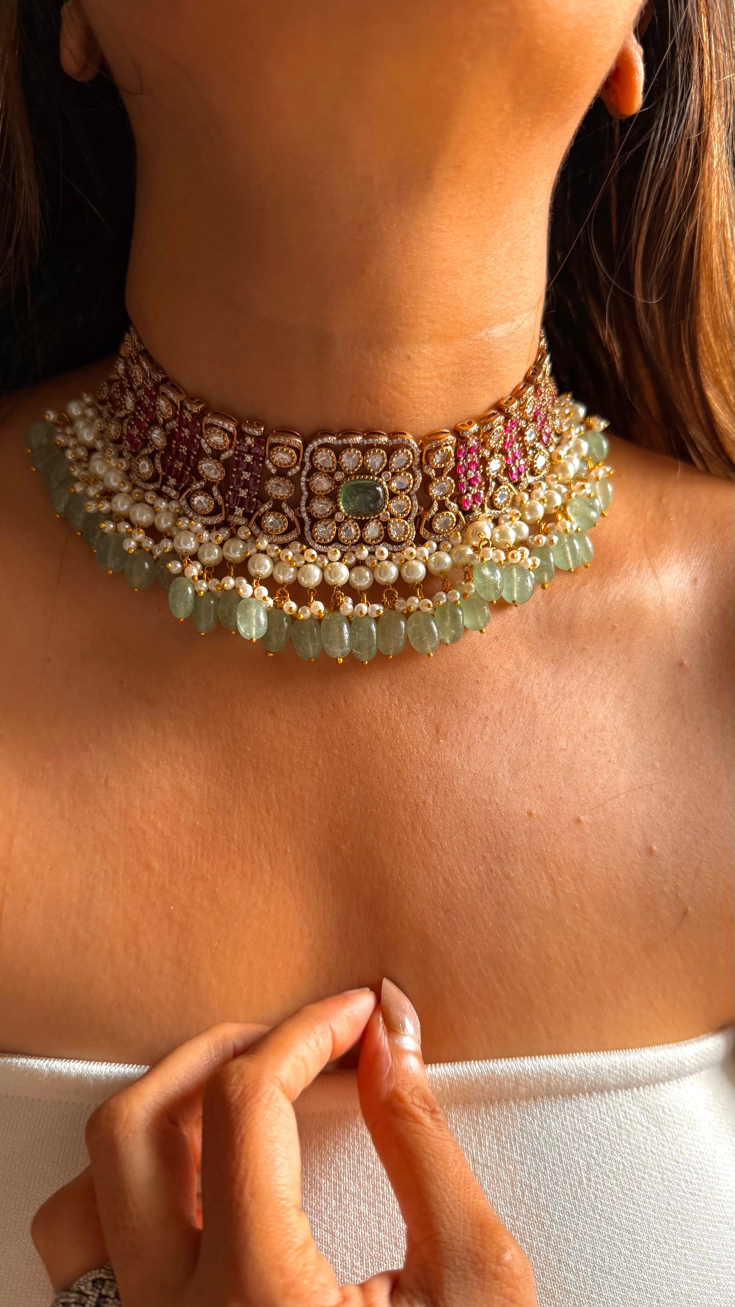 Mint doublet & rani pink moissanite choker set