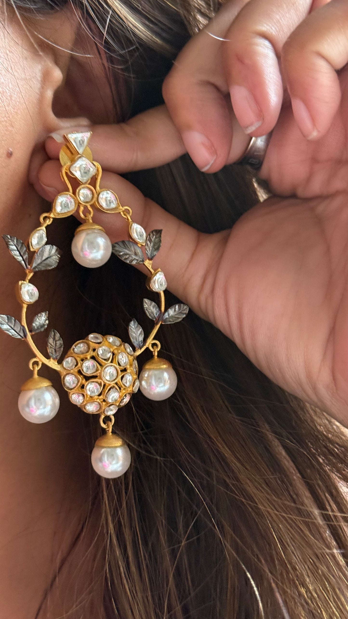 24kt Dubai Gold inspired oearl & leaf chandbali