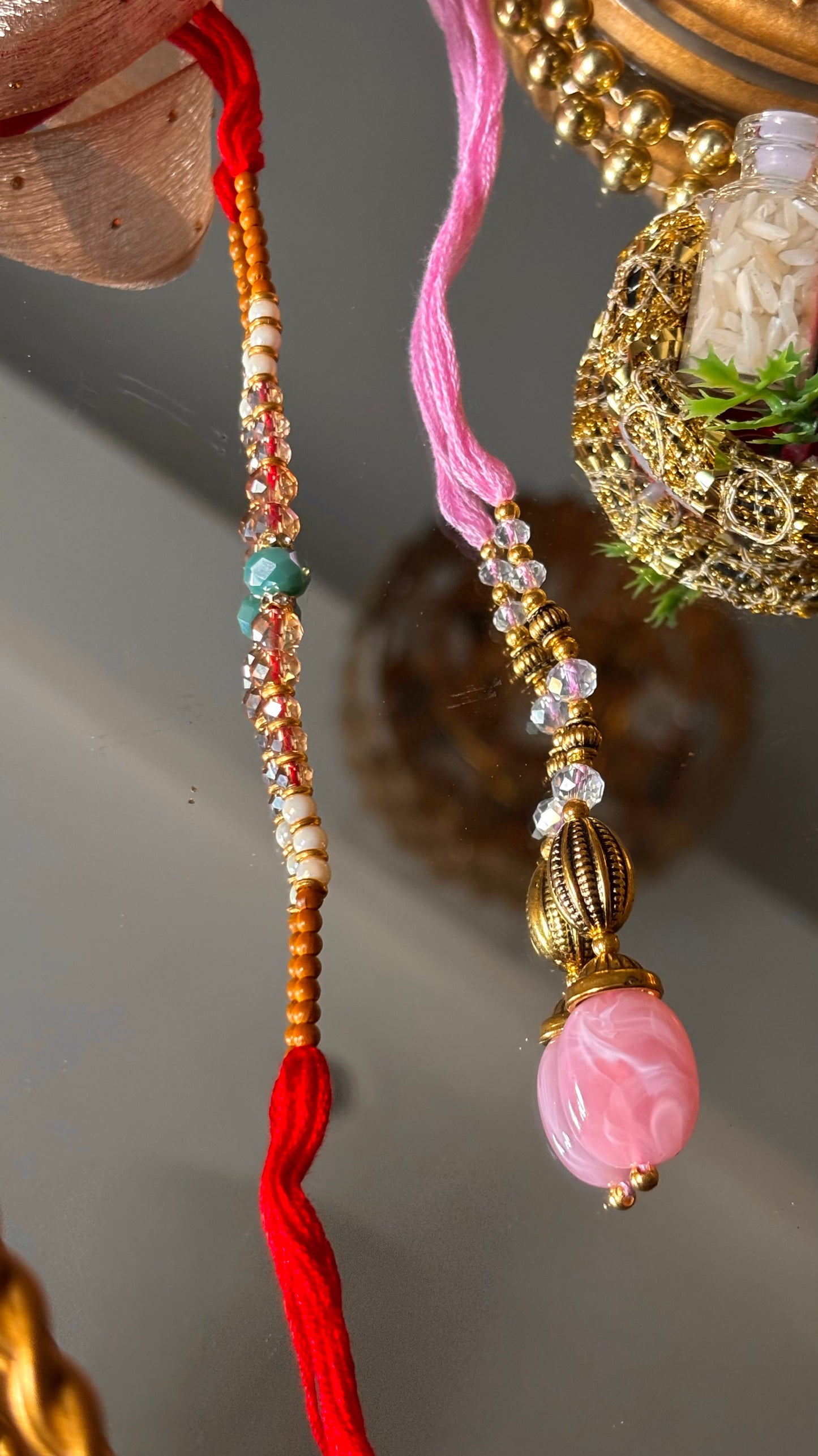 Bhaiya bhabhi lumba rose quarts designer stone oxidised rakhi ( shipping will be extra )