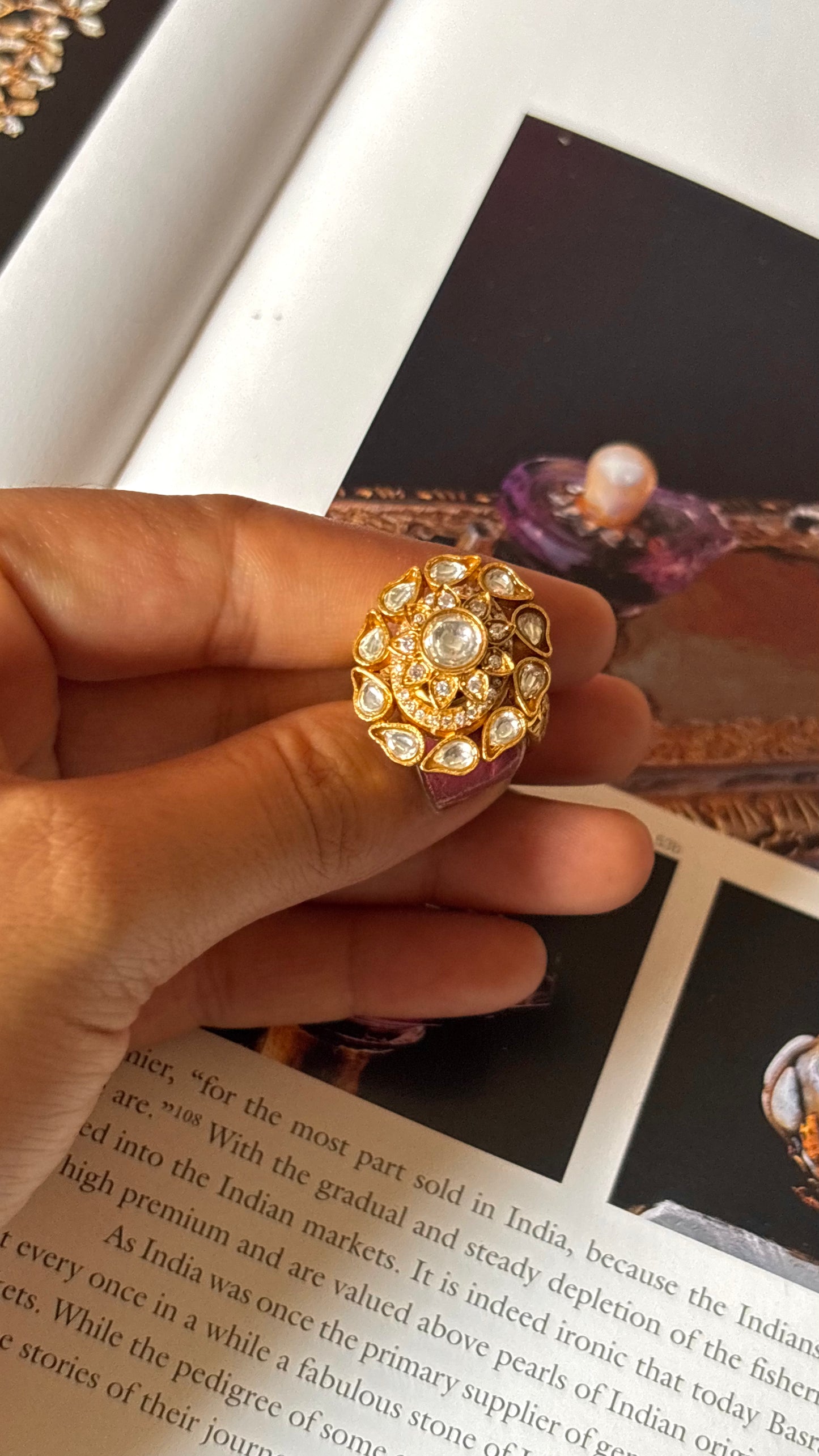 Real moissanite white polki gold ring