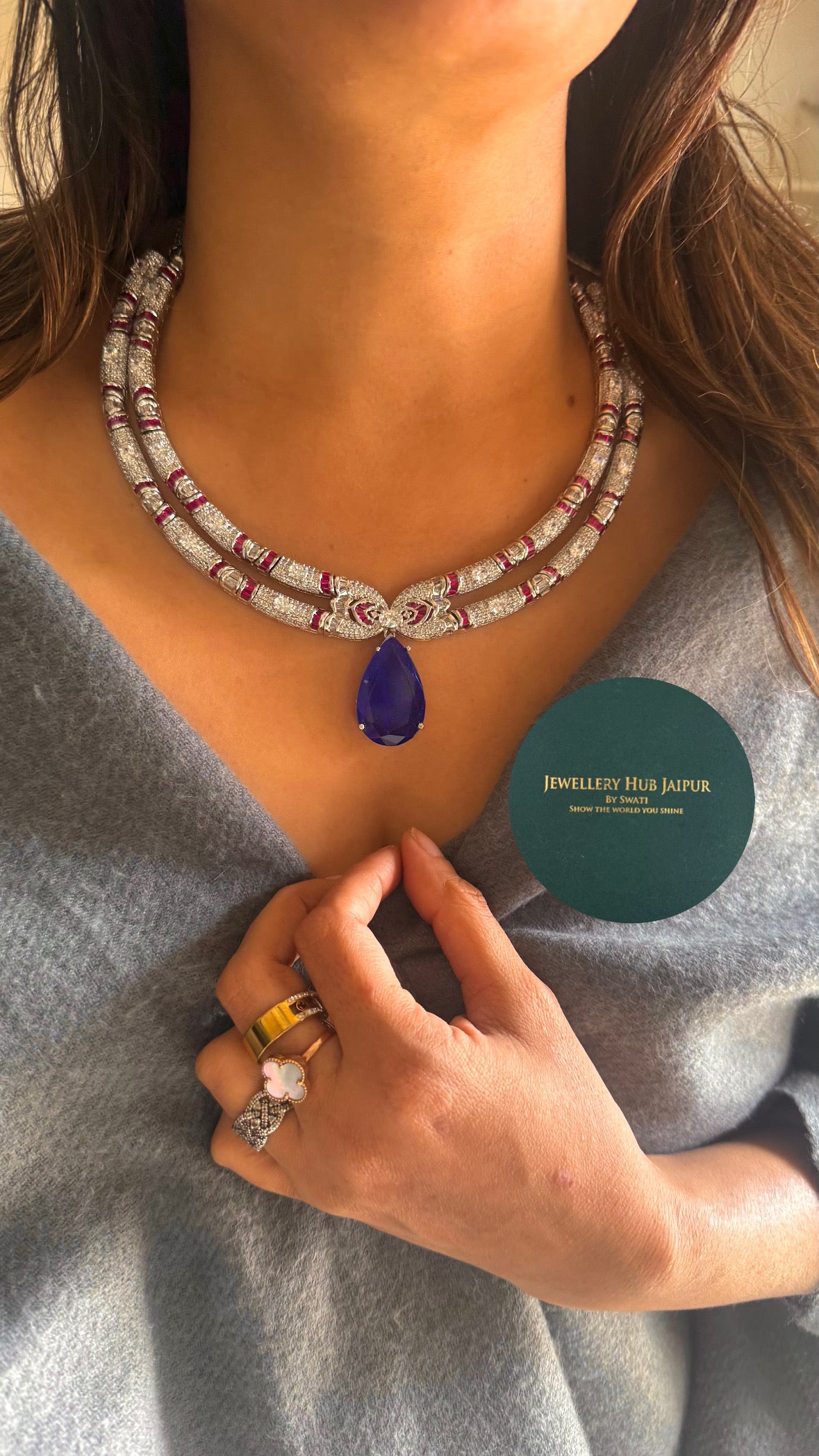 Sapphire doublet cz diamond necklace