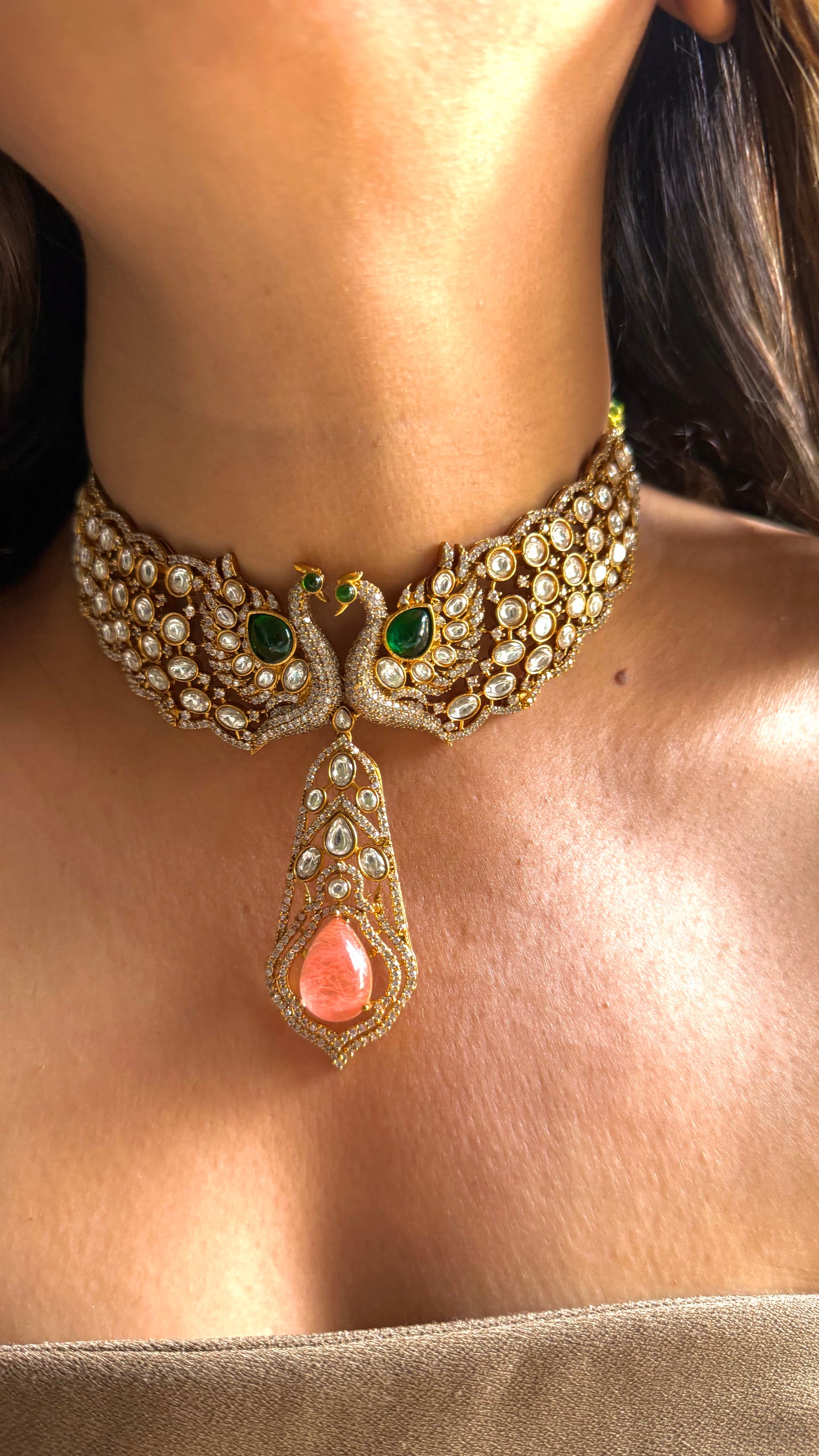 Emerald & rose Quartz peacock, inspired, joker