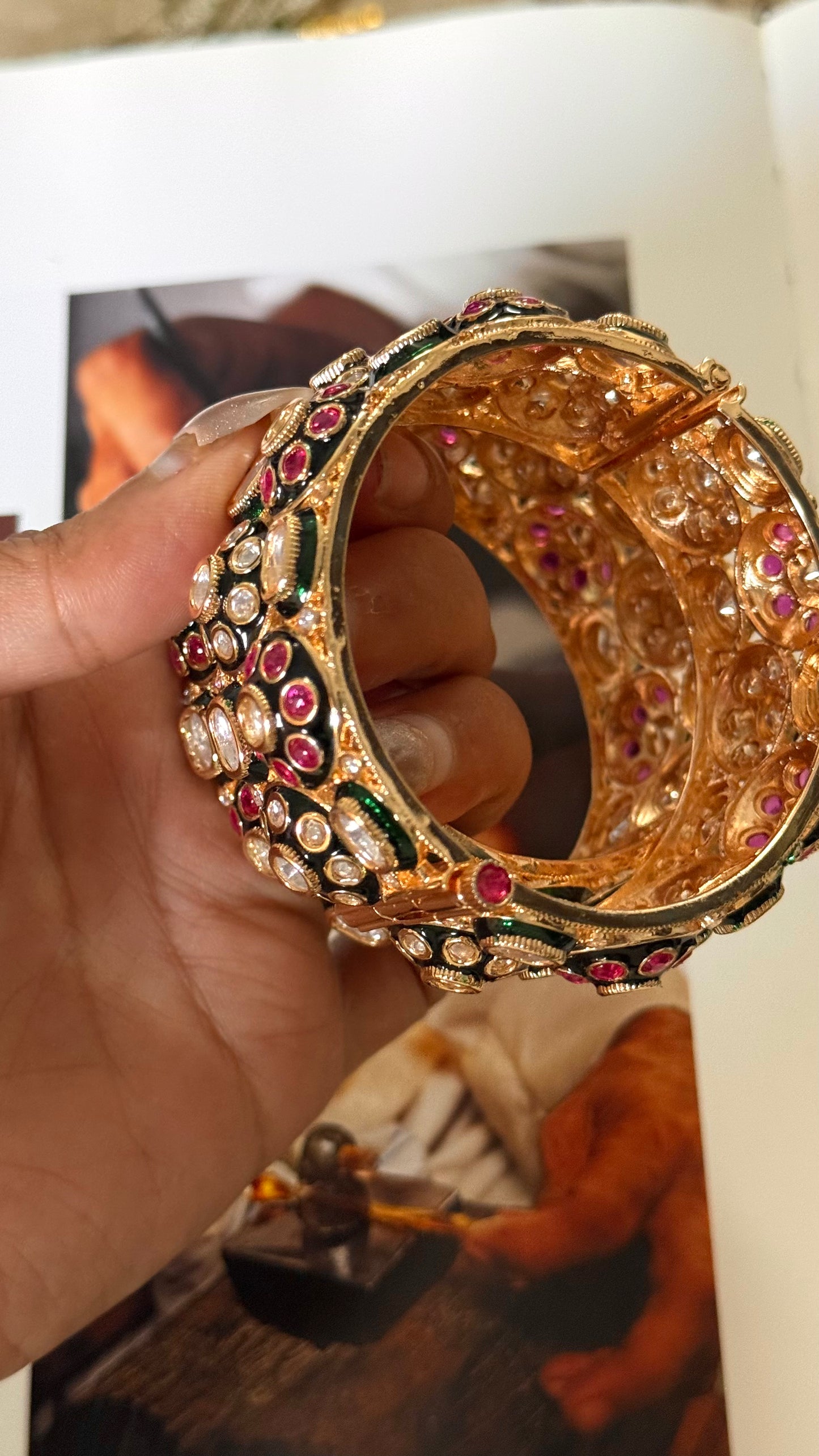 Emerald meenakari & rani pink floral polki openable bangle