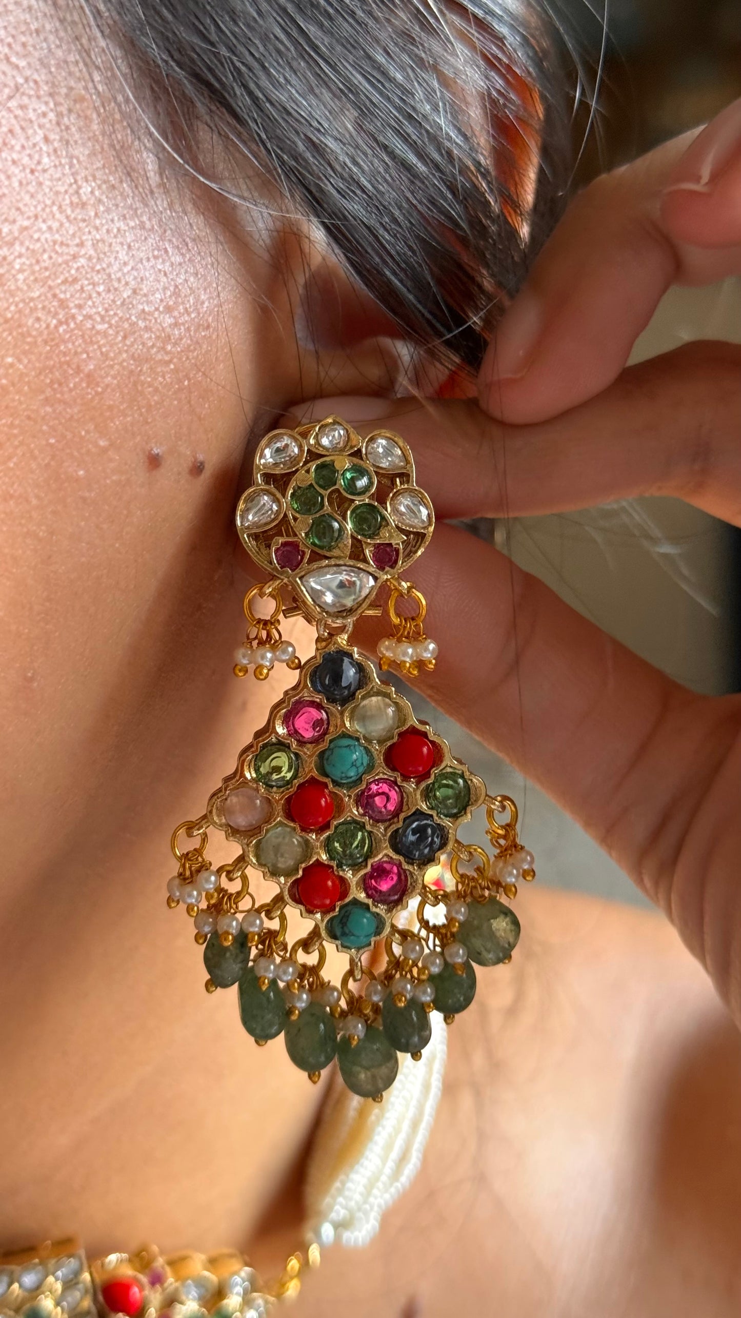 Paachi Kundan Jadaau multicoloured with mint drops  thread choker necklace