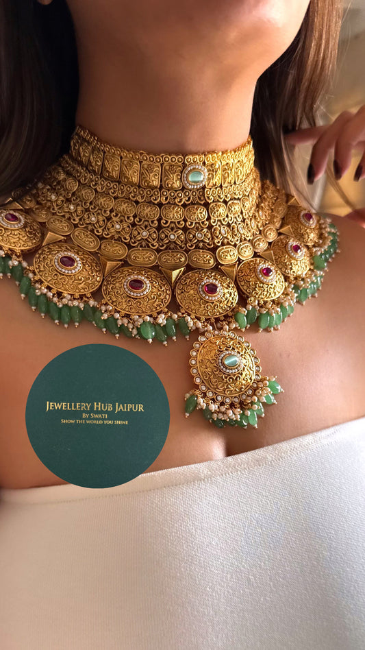 Maharani gold rani pink & mint bridal choker set