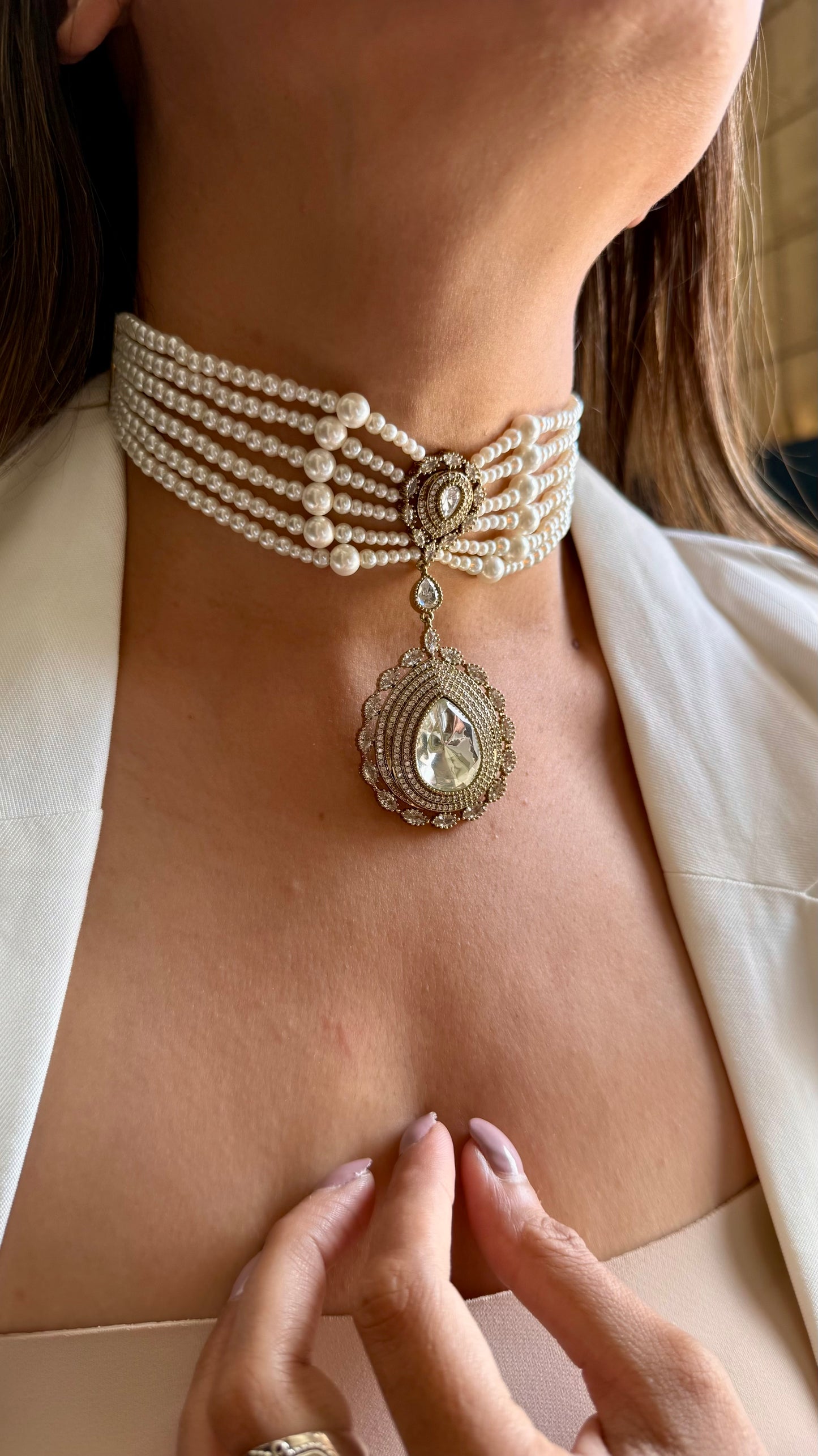Moissanite polki drop pearl designer choker