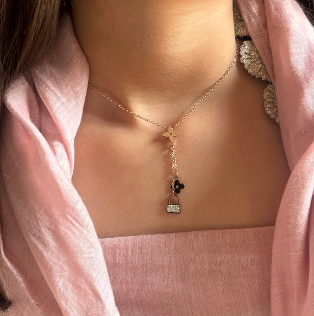 LV inspired rose gold necklace