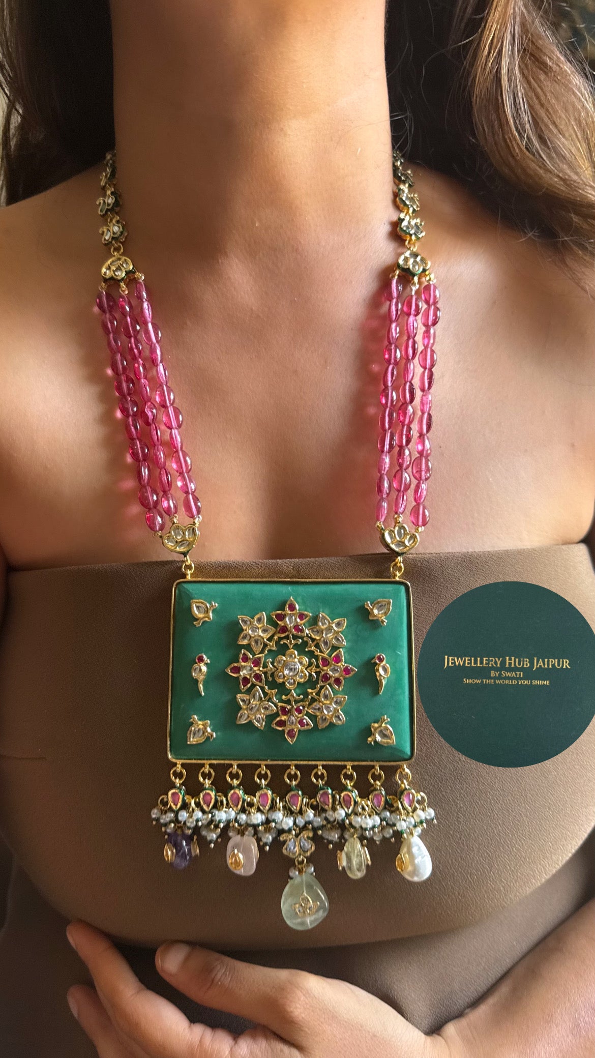 Emerald inlay work & rani pink string meenakari paachi with navratna drop inlay heritage long set