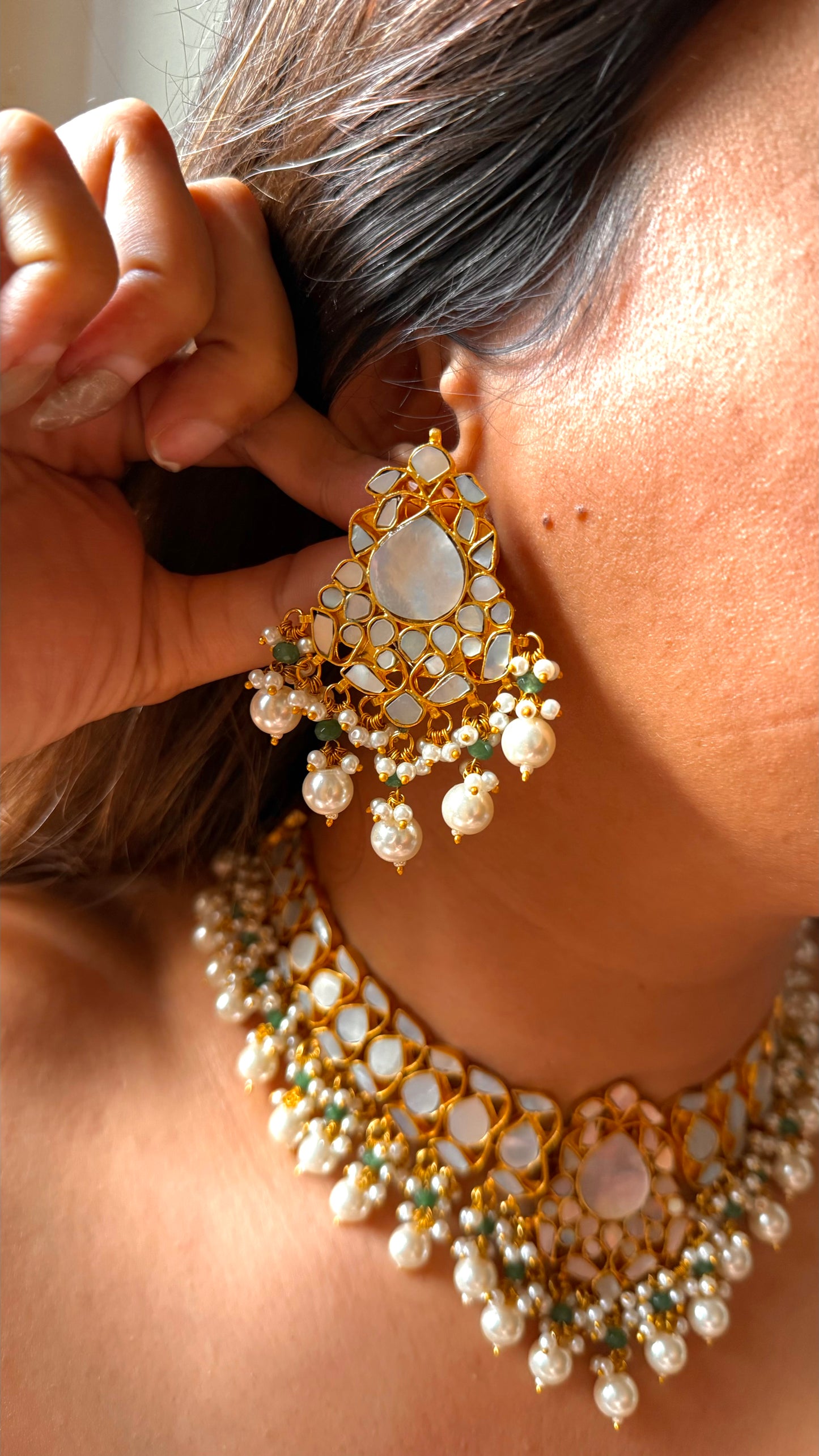 Mother of pearl with mint & pearl drop rajwada set