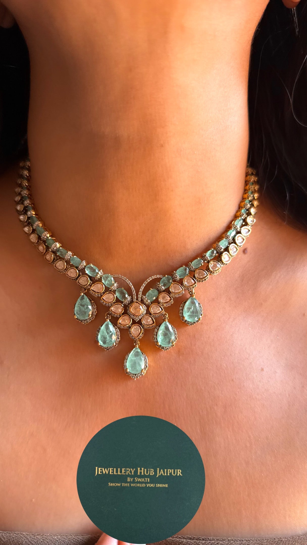 Mint doublet with peeli polki Moissanite combo necklace