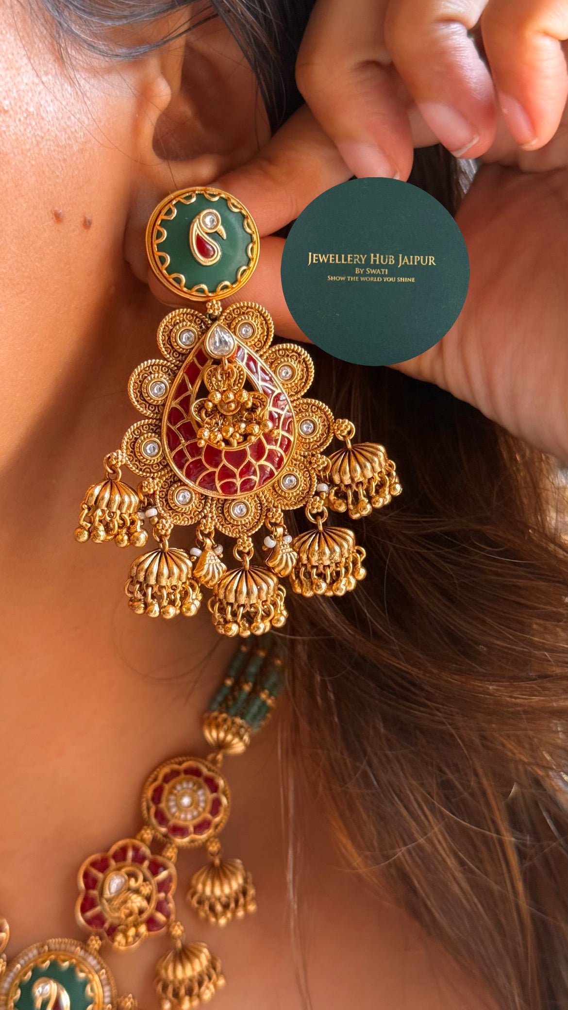 Ruby & emerald inlay work jhumka style rajwada collar set