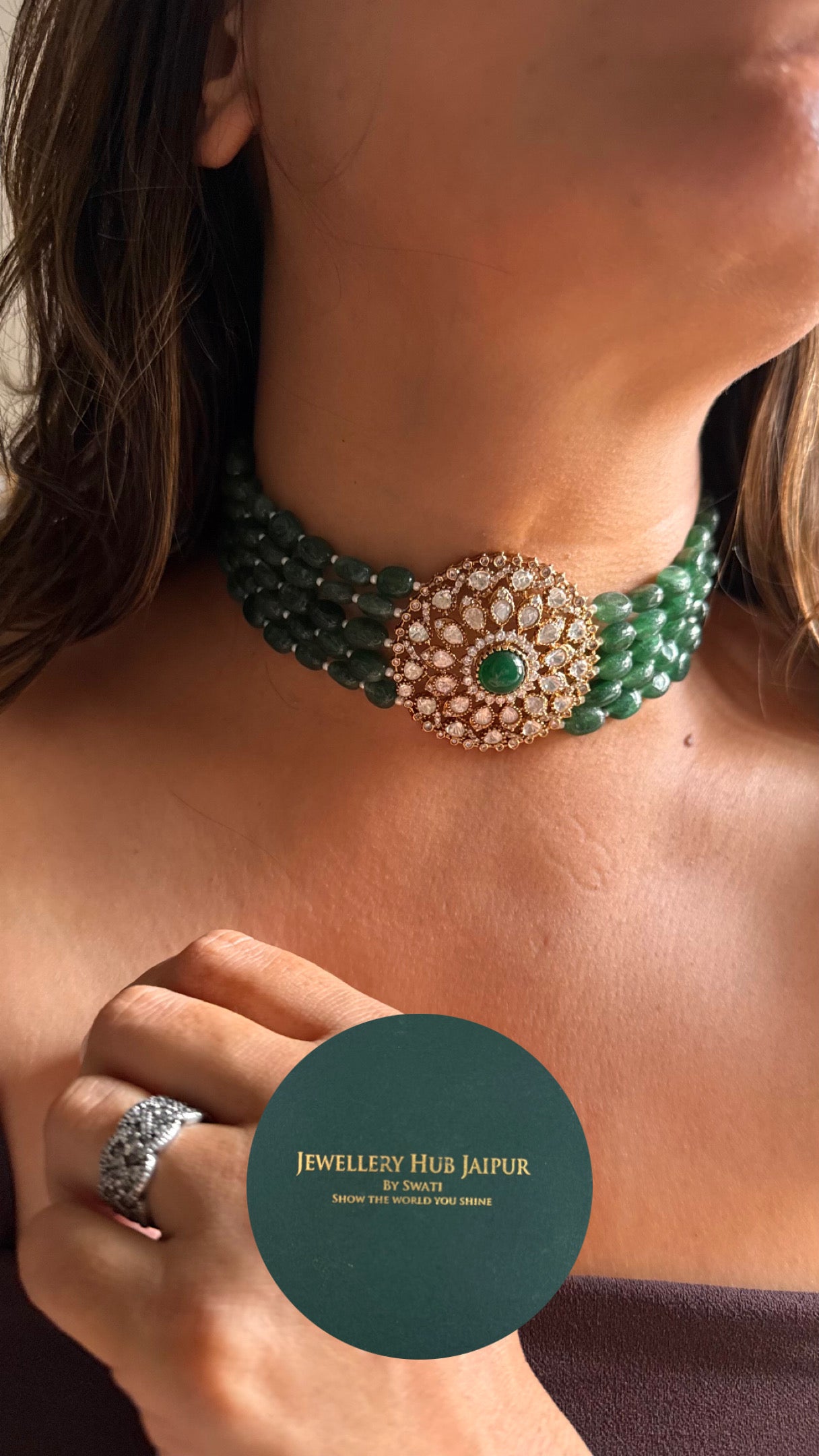Emerald pearl detailing with Moissanite polki choker Necklace