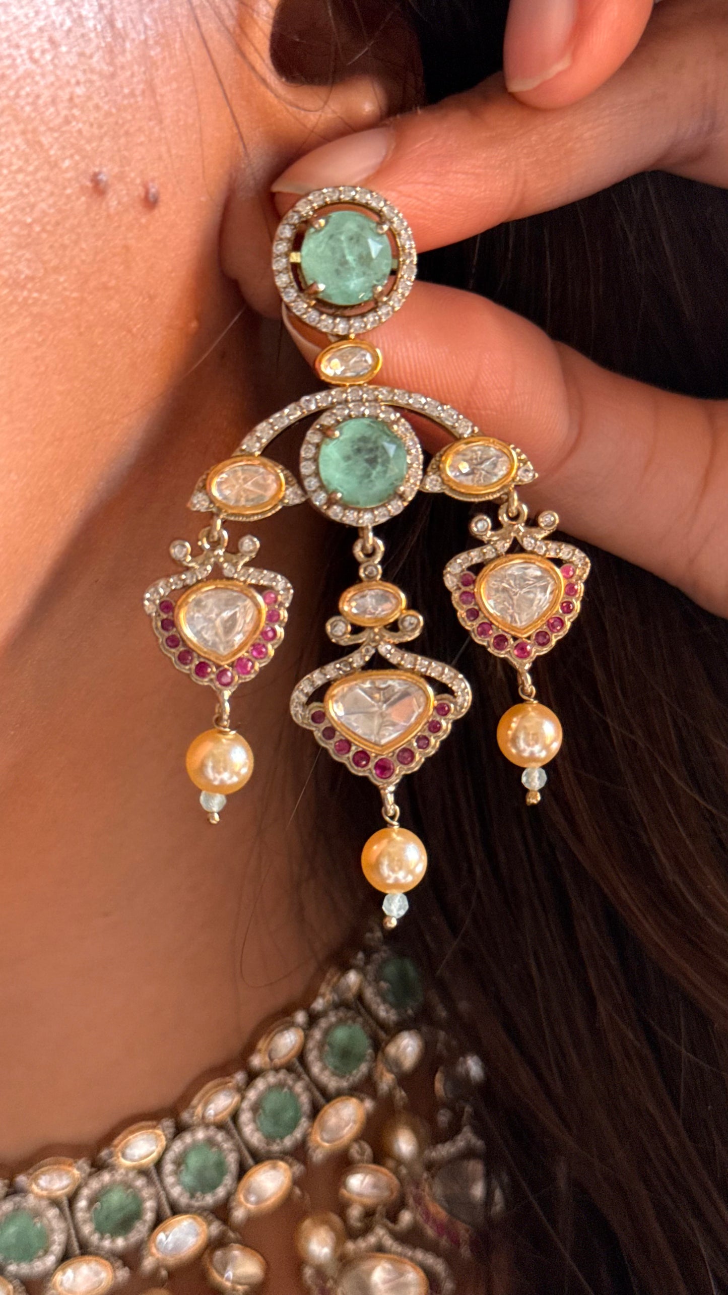 Mint & Rani pink ruby with moissanite Necklace