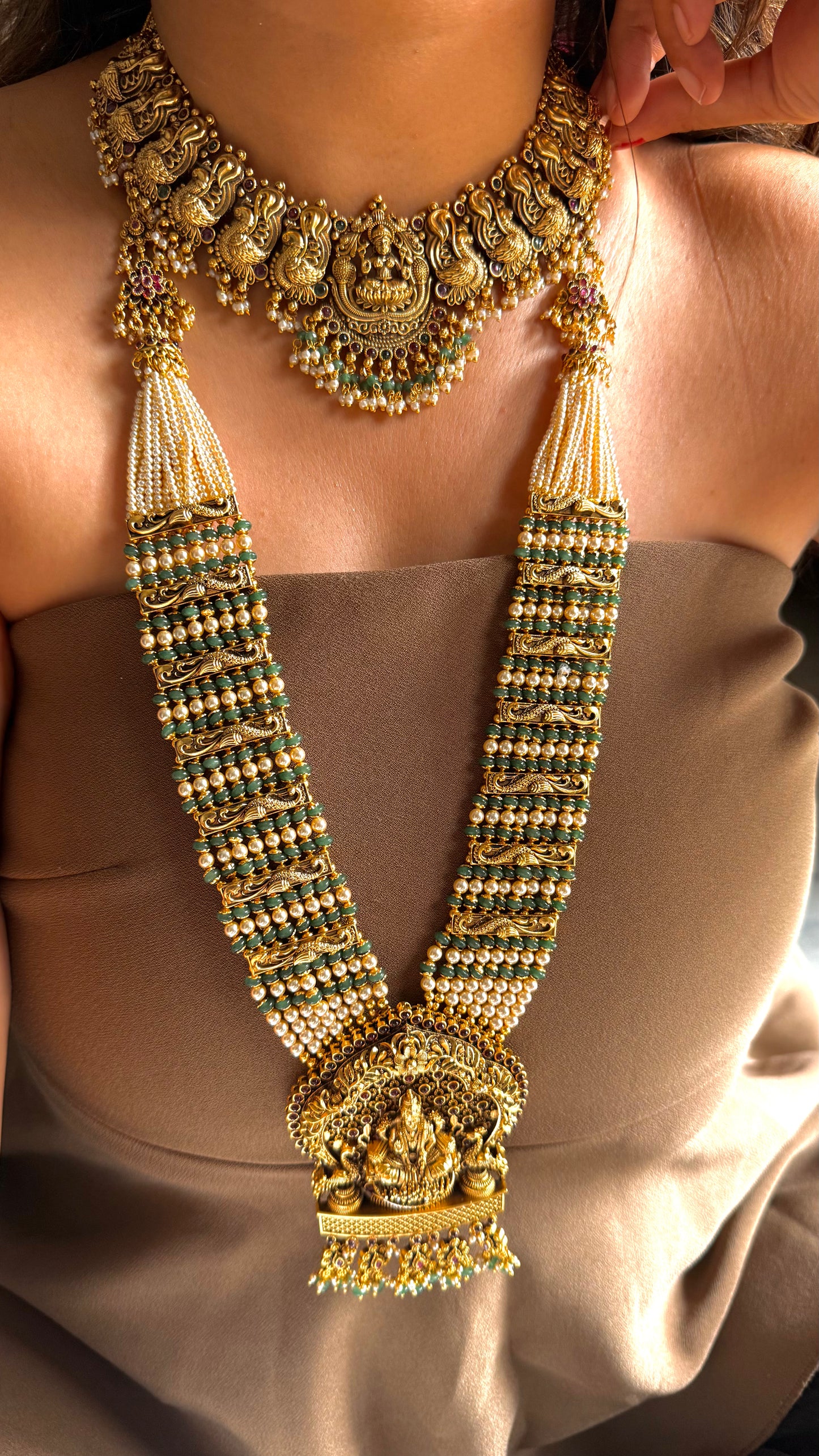 Goddess Laxmi mint & pearl temple necklace combo