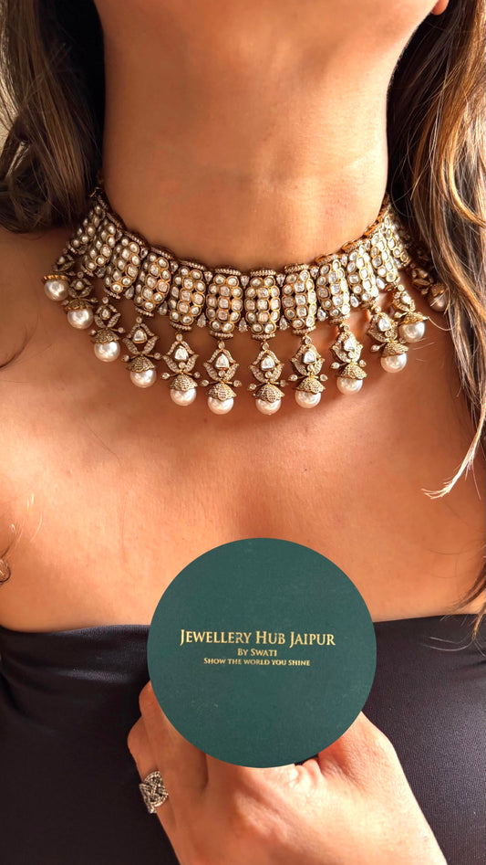 Real Moissanites with pearl detailing victorian necklace