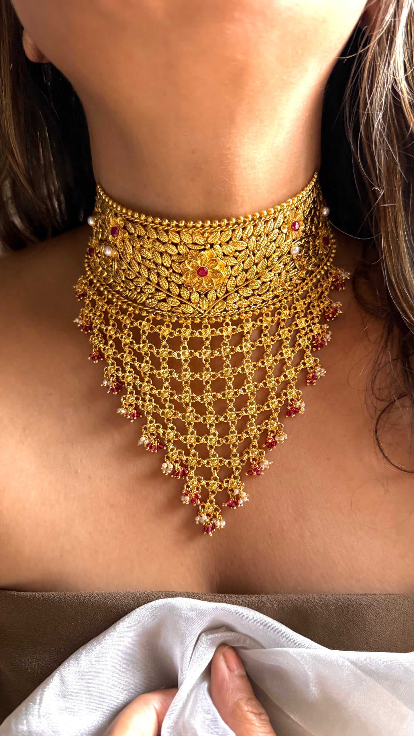 Dubai Gold inspired Ruby waterfall choker necklace with drop detailing