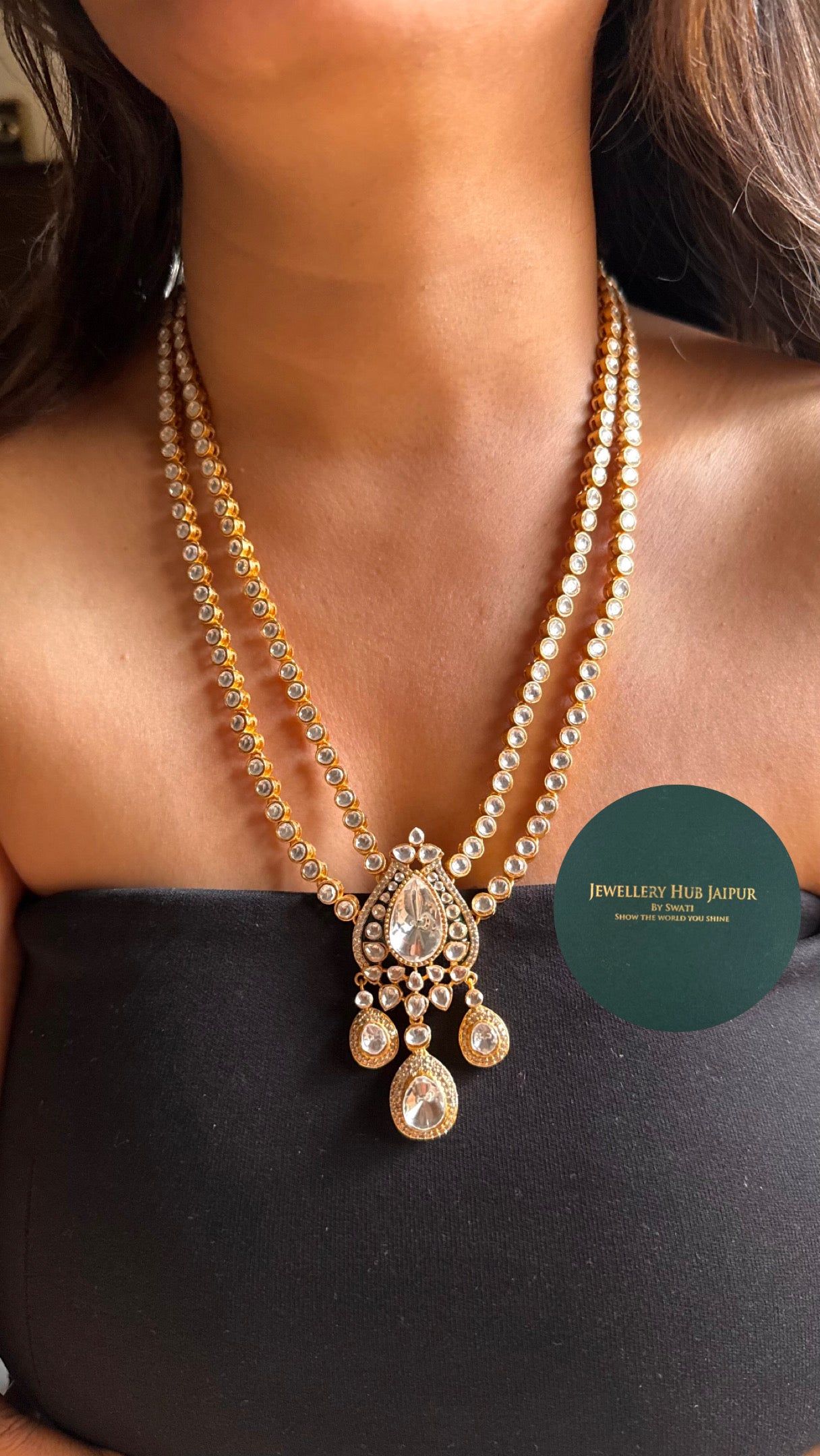 Dual line moissanite polki with pendant long Necklace