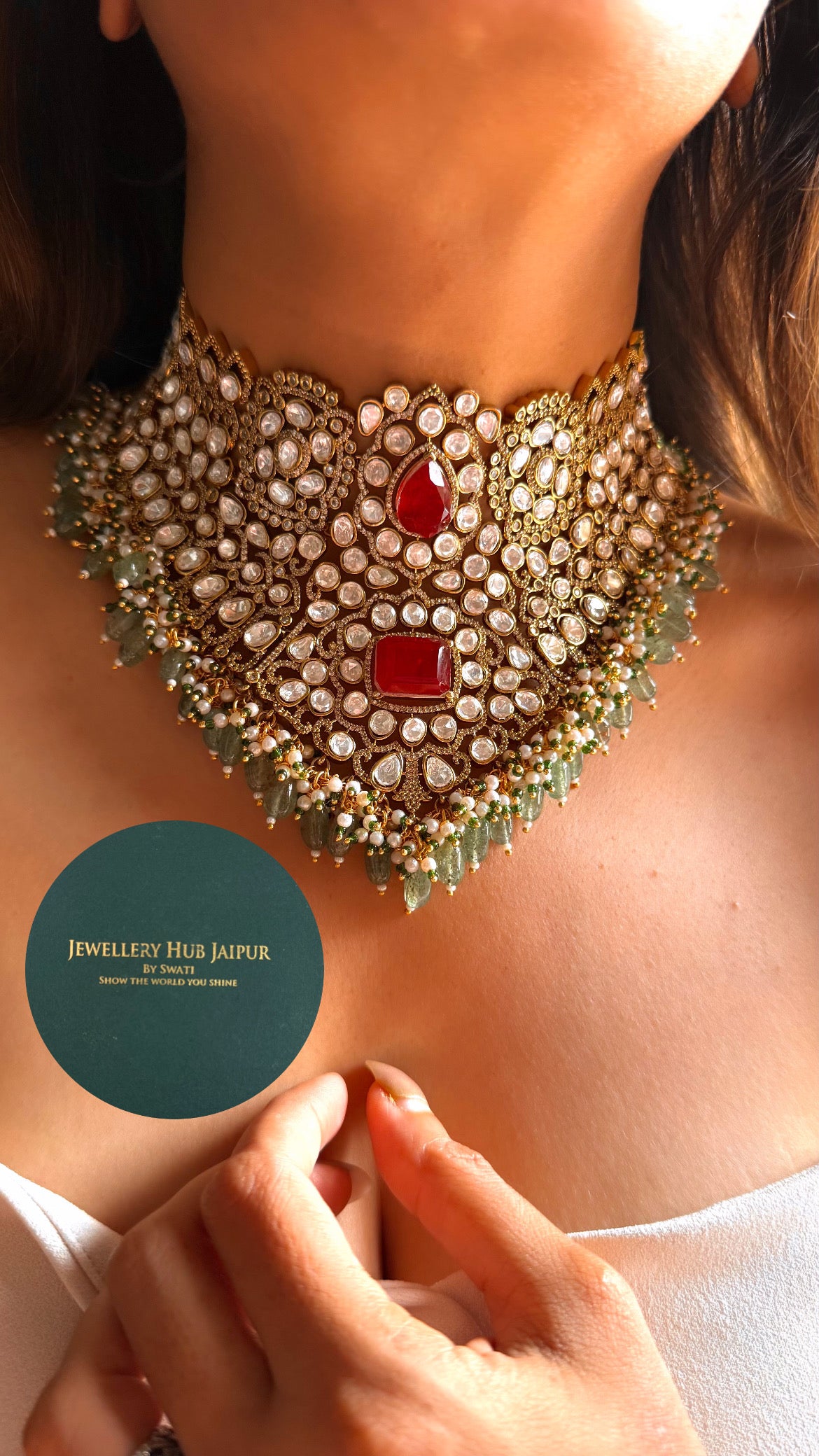 Bhagyashree Ruby doublet & moissanite polki with mint drop choker set