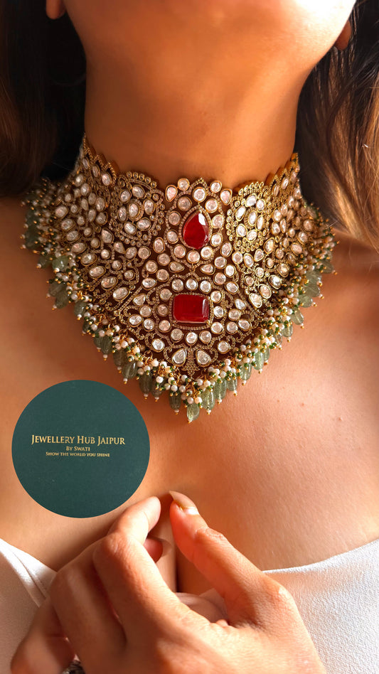 Bhagyashree Ruby doublet & moissanite polki with mint drop choker set