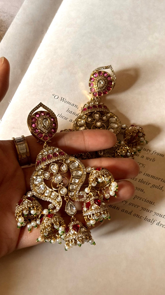 Ruby Moissanite jhumki chandbali earrings