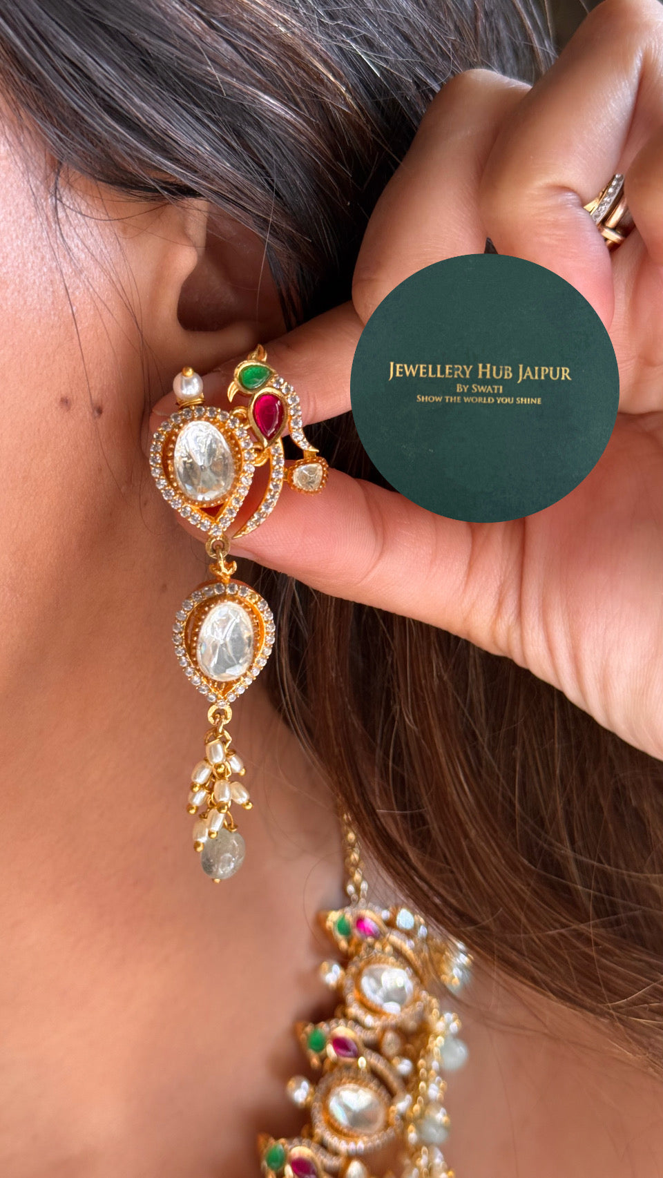 Real moissanite panna & rani pink ruby peacock inspired necklace with strawberry drops