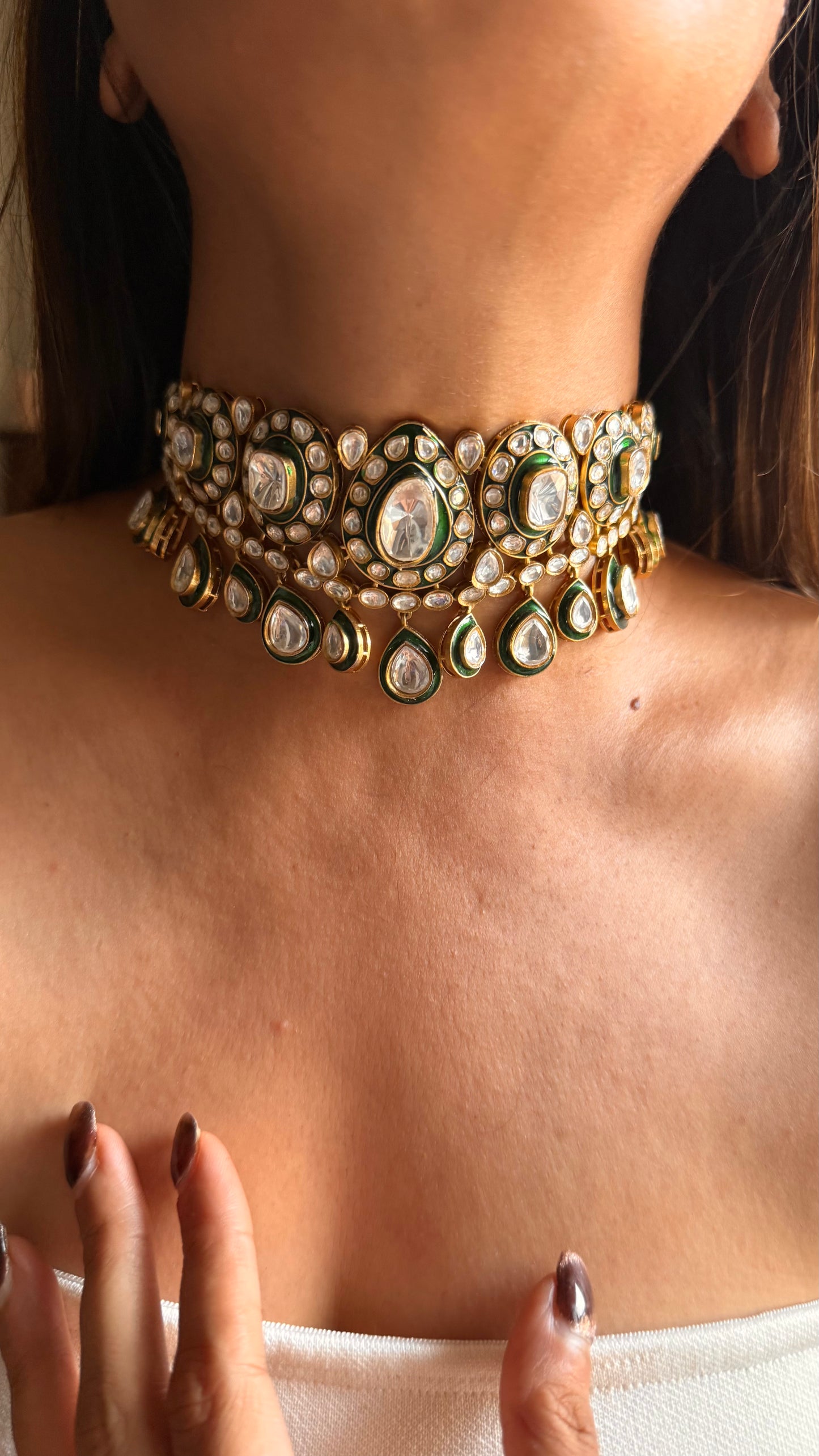 Meenakari Emerald uncut polki choker necklace