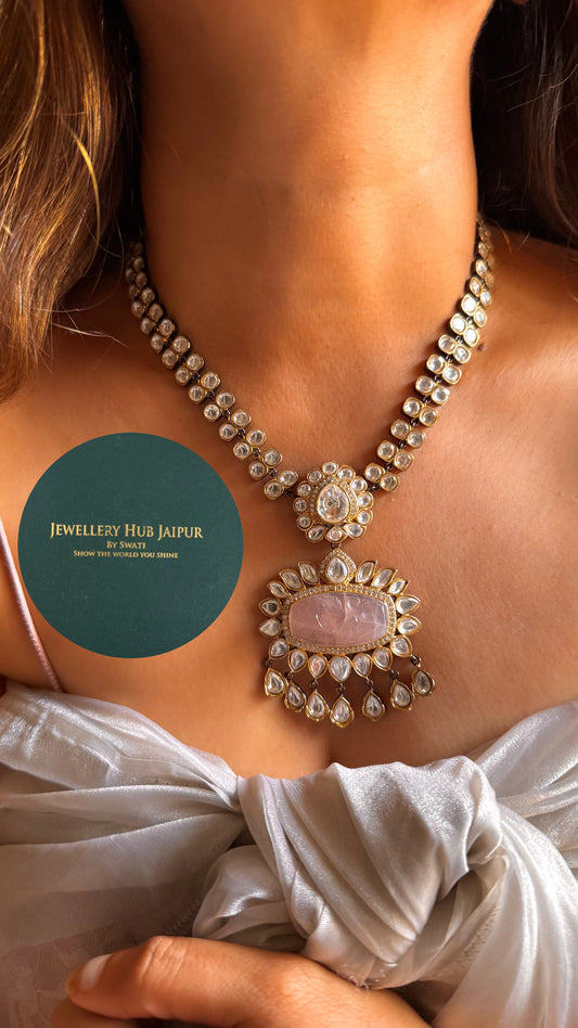 Rose quartz real stone moissanite collar set