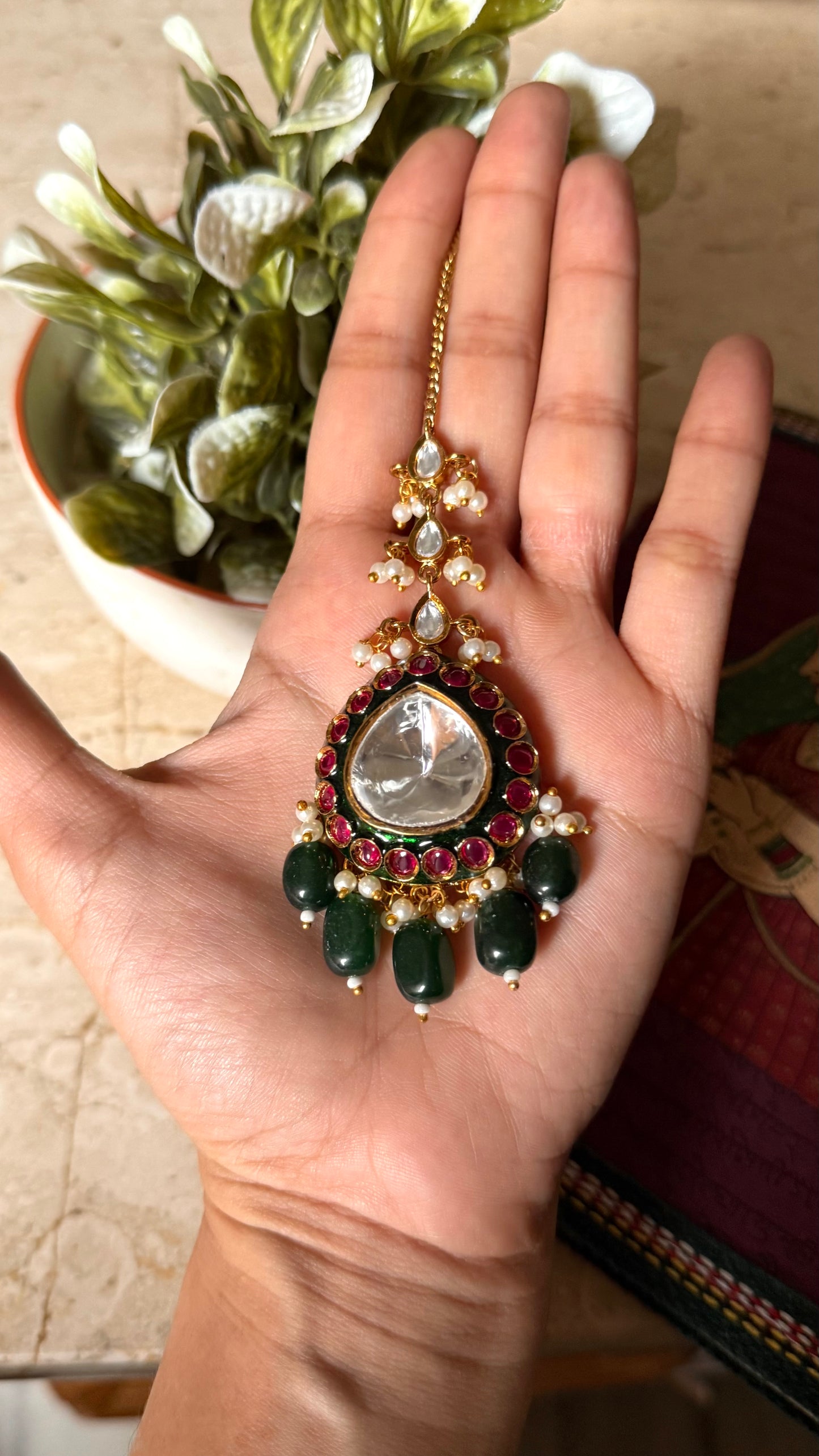 Emerald meenakari & ruby polki maangtika
